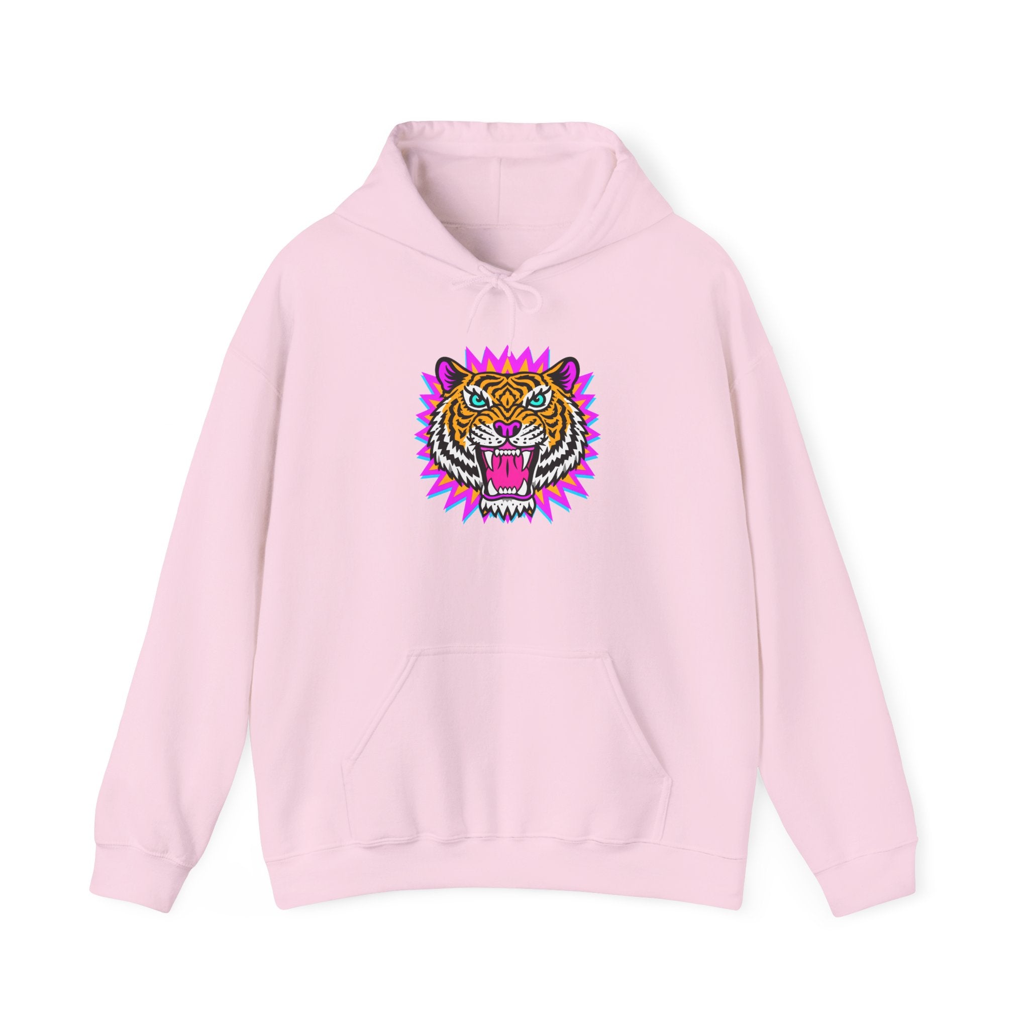 Neon Roaring Tiger Hoodie — Retro Vibrant Tiger Head Graphic