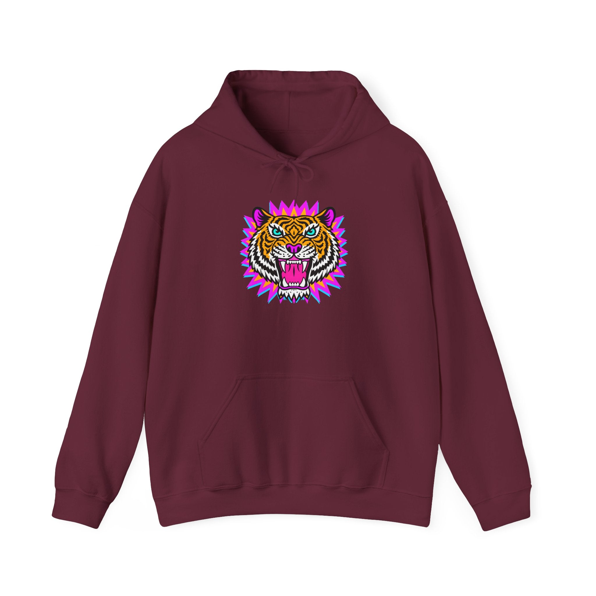 Neon Roaring Tiger Hoodie — Retro Vibrant Tiger Head Graphic
