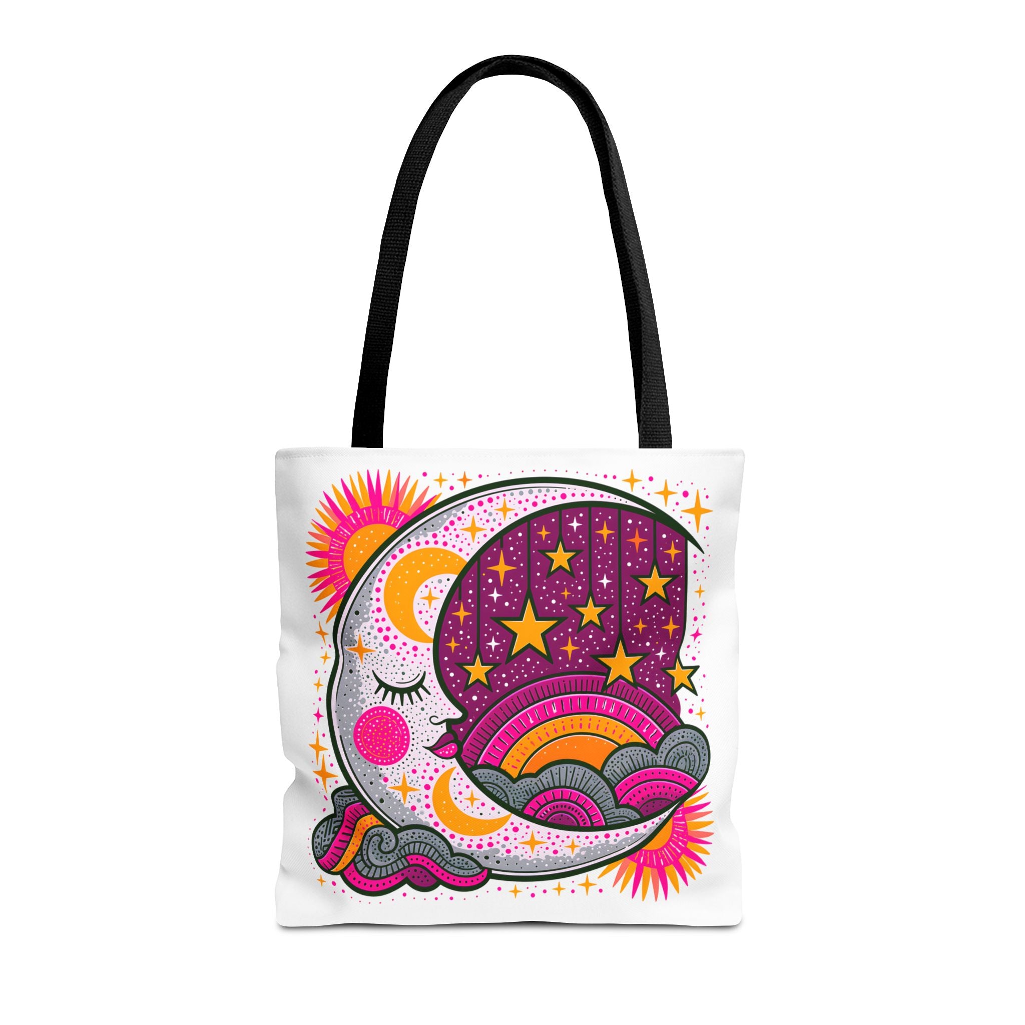 Psychedelic Moon and Stars Tote Bag | Colorful Retro Celestial Design