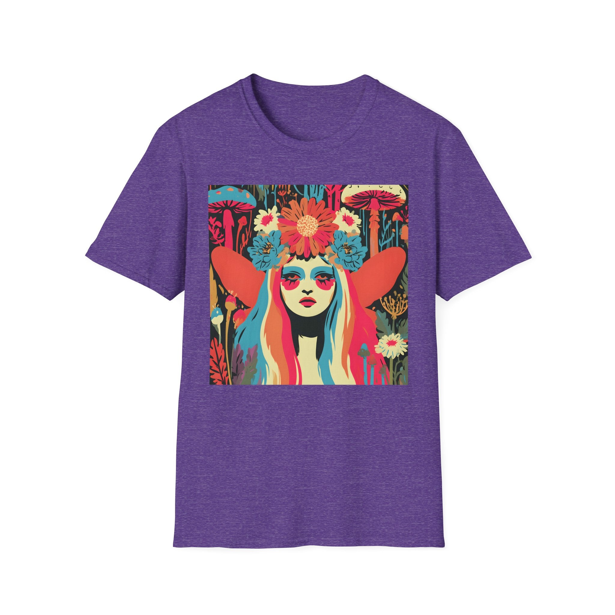 Flower Crown Psychedelic Fairy Girl T-Shirt | Retro Mushroom Art, Boho Portrait