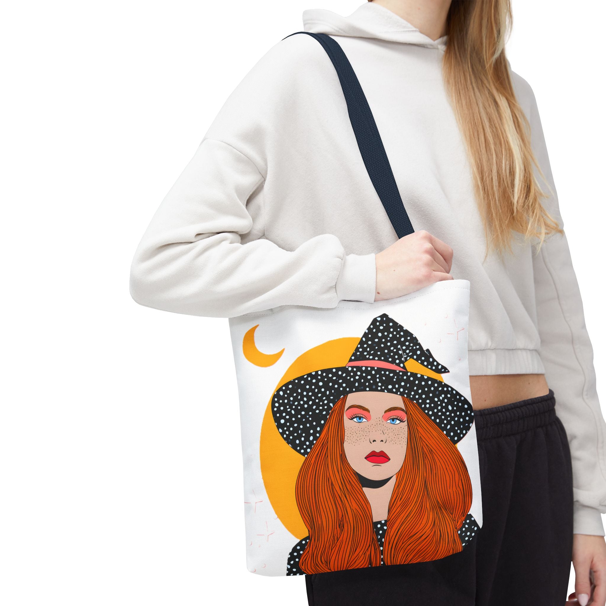 Redheaded Witch Illustration Tote Bag | Crescent Moon, Polka Dot Hat