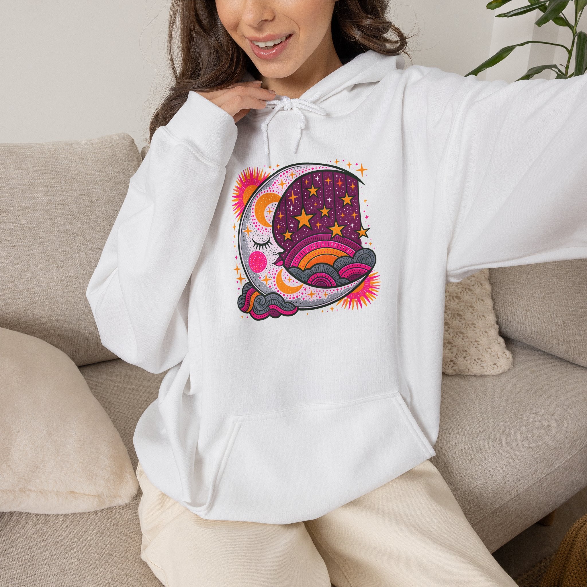 Celestial Dream Moon Hoodie – Vintage Psychedelic Stars & Clouds Sweatshirt