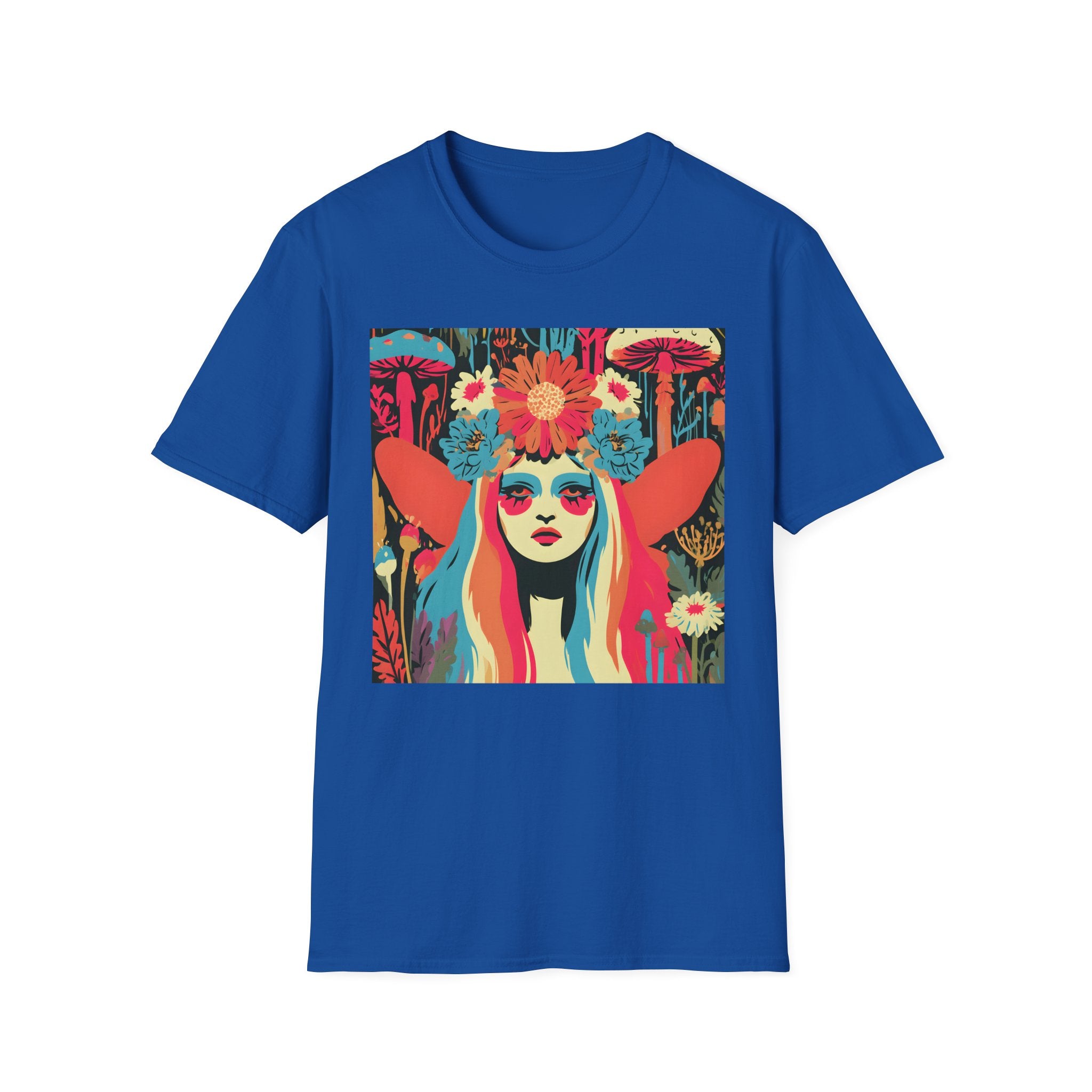 Flower Crown Psychedelic Fairy Girl T-Shirt | Retro Mushroom Art, Boho Portrait