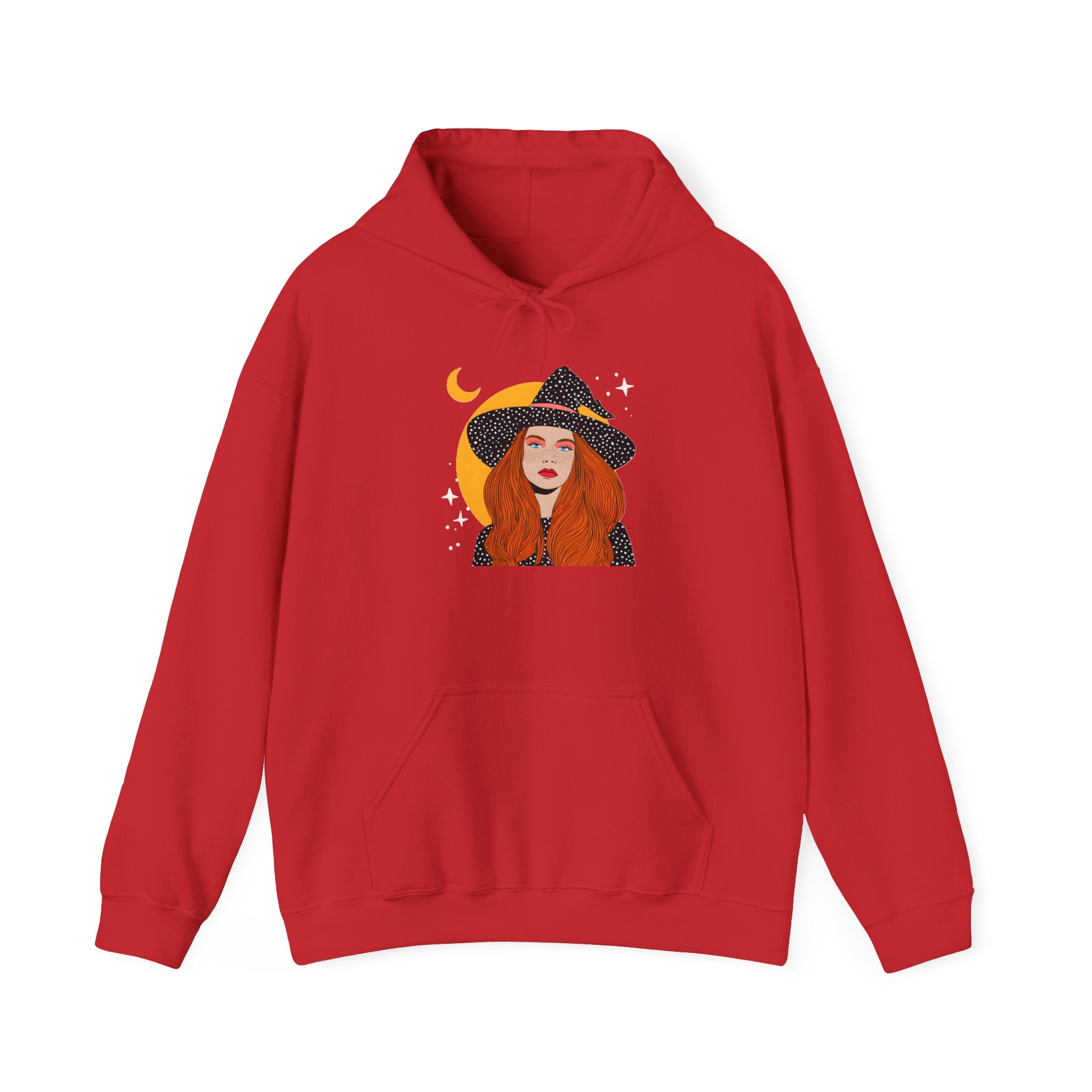 Witchy Redhead Hoodie — Crescent Moon Witch Graphic Sweatshirt