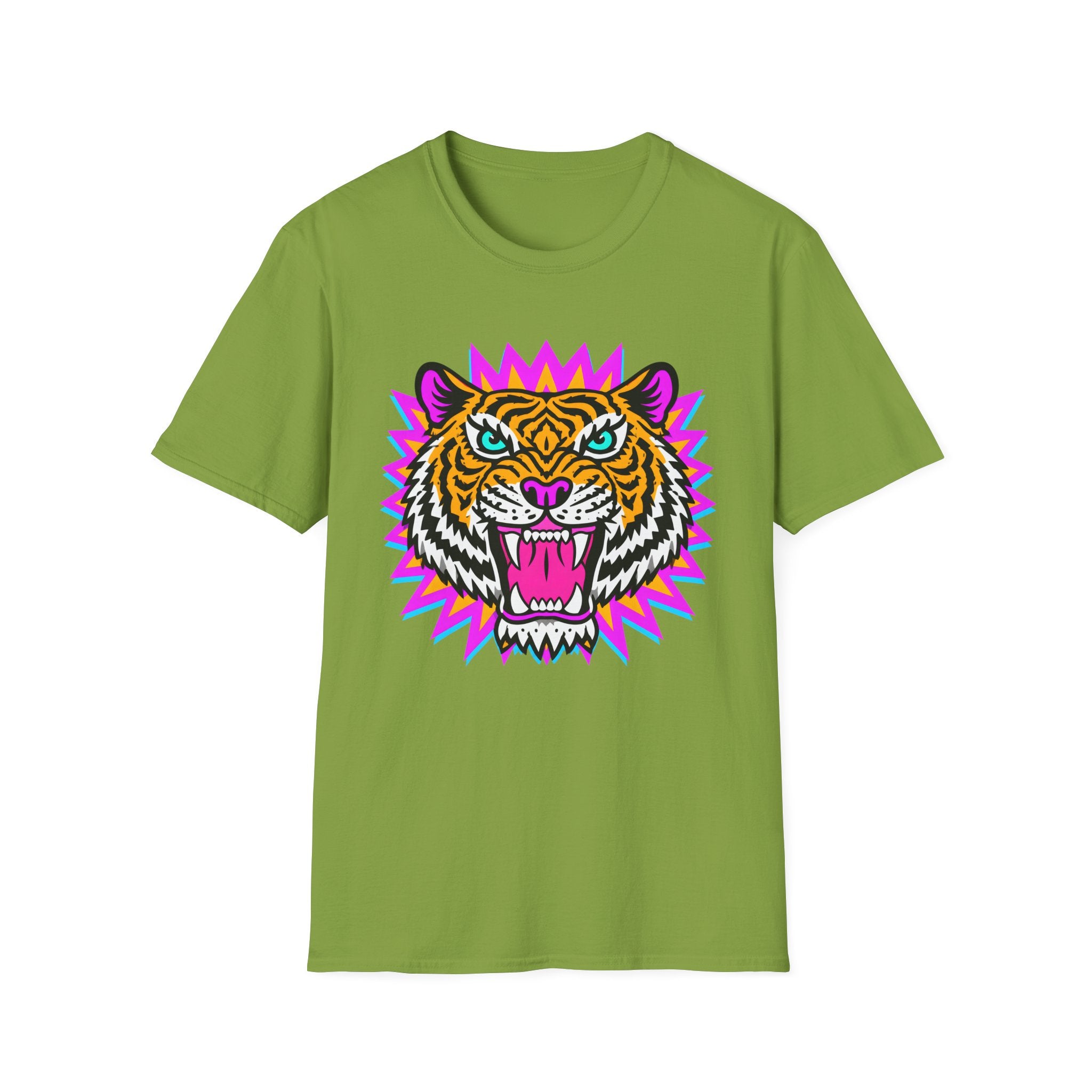 Neon Pop Tiger Head T-Shirt | Retro Tribal Cat Tee