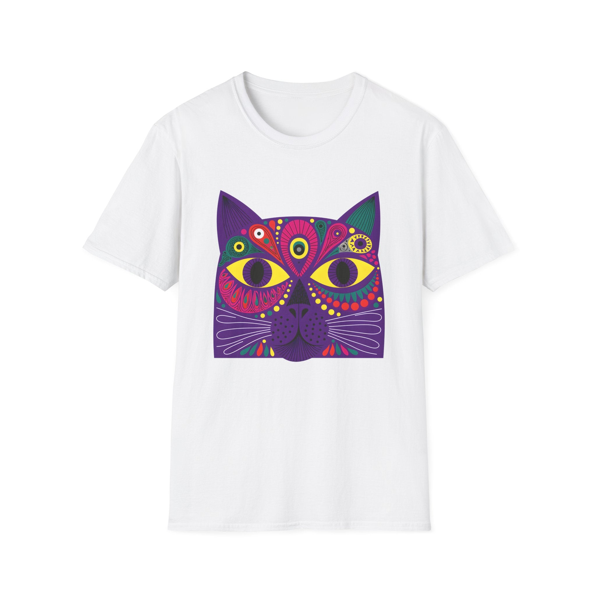 Psychedelic Colorful Cat Face T-Shirt | Vibrant Boho Cat Tee