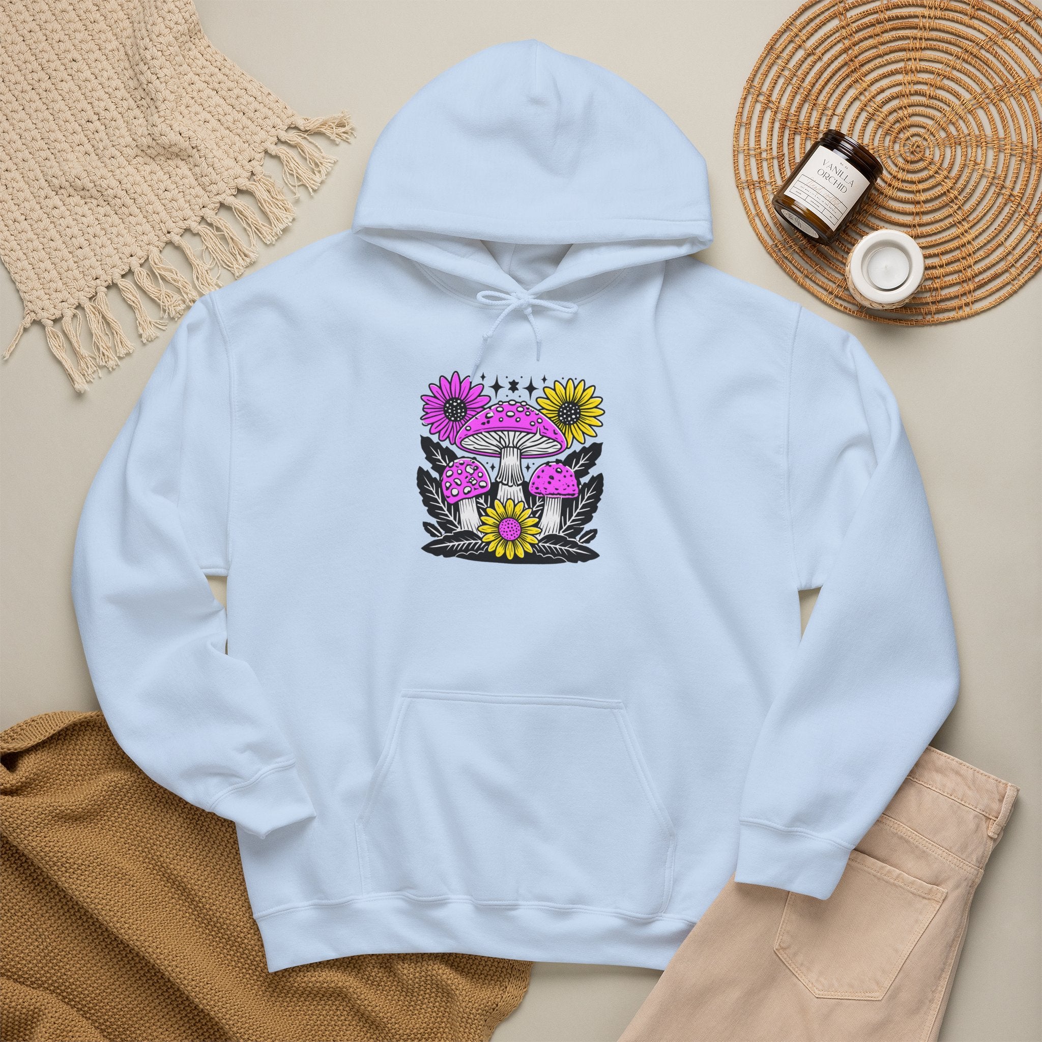 Psychedelic Mushroom Hoodie — Pink & Yellow Floral Shroom Design