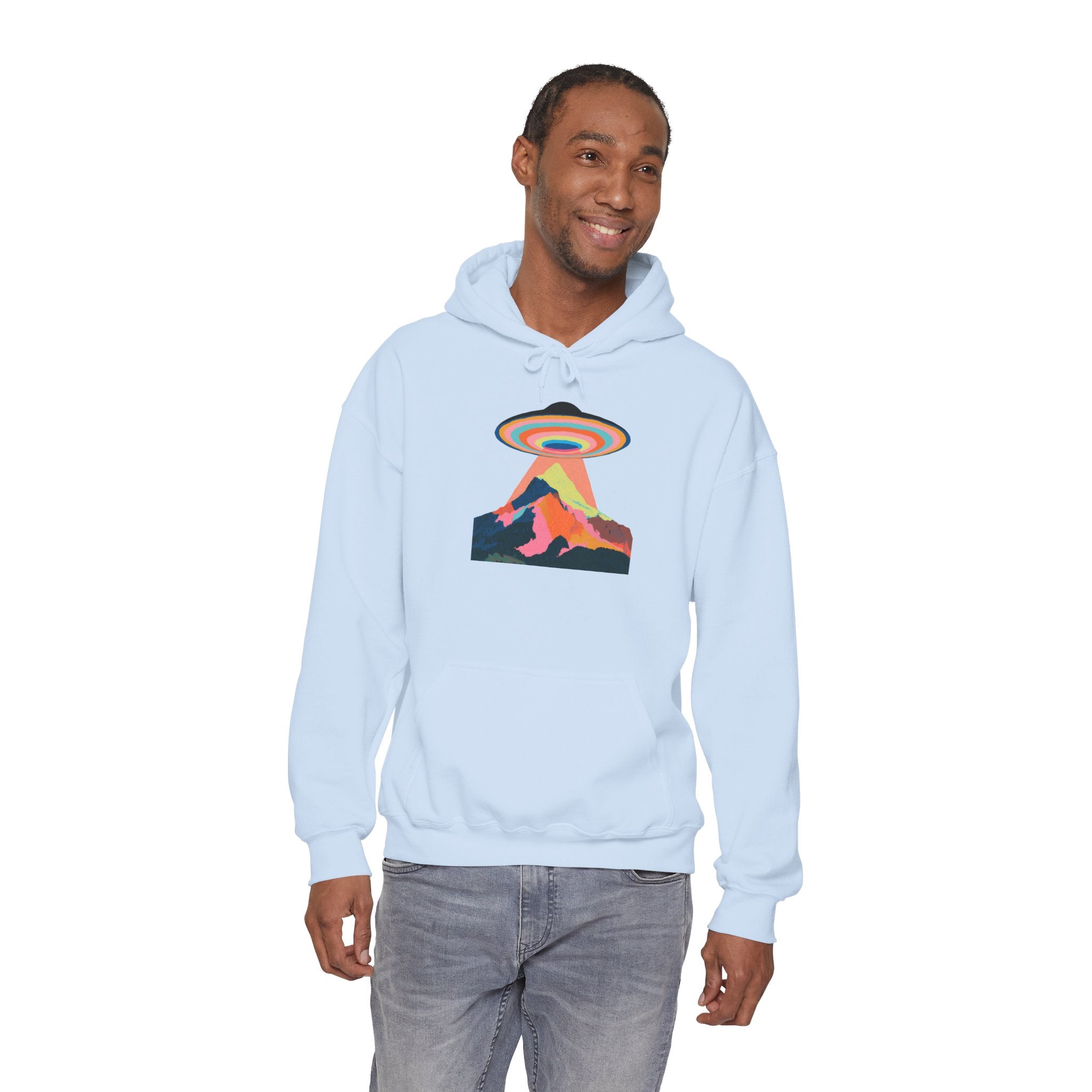 UFO Mountain Hoodie — Retro Rainbow Alien Abduction Graphic