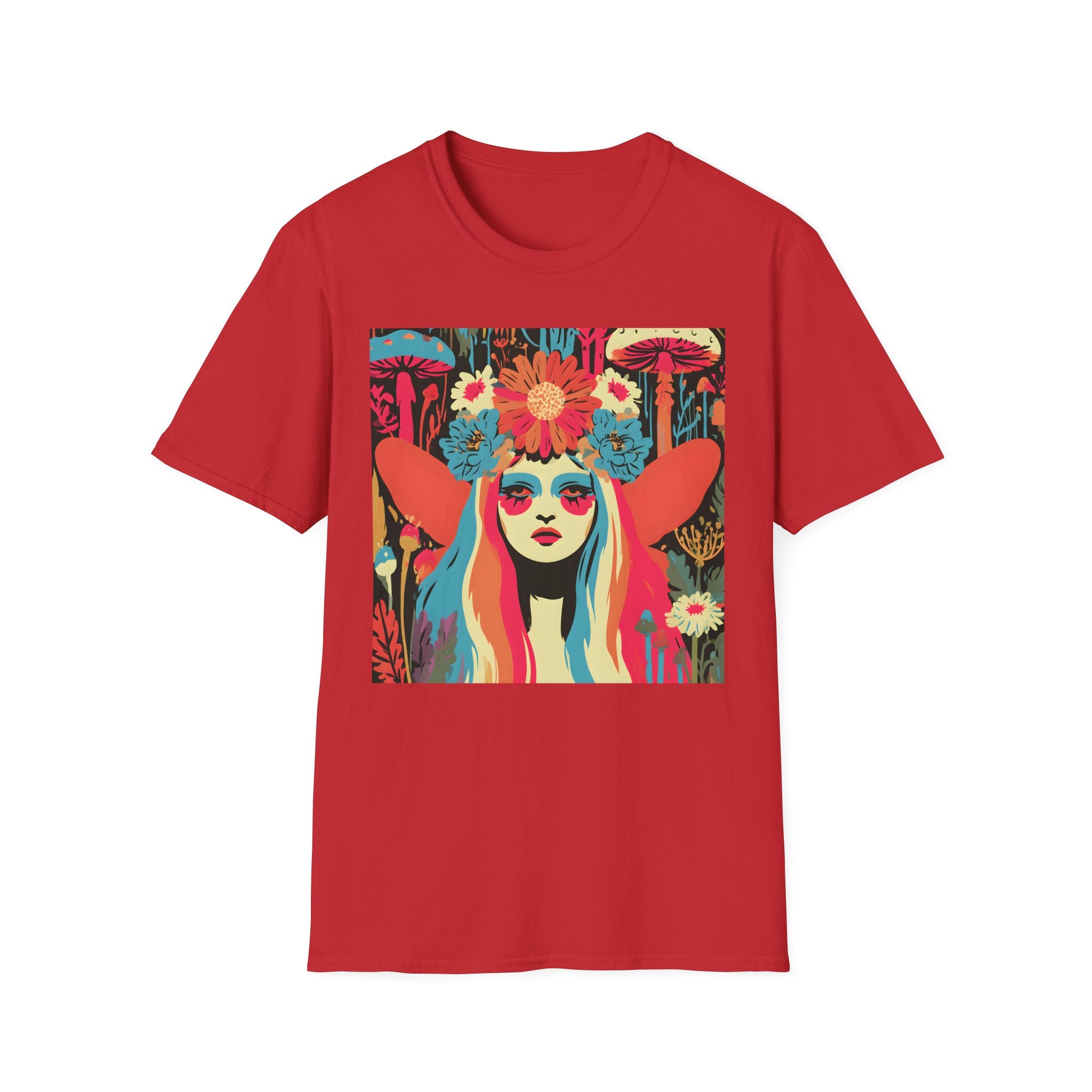 Flower Crown Psychedelic Fairy Girl T-Shirt | Retro Mushroom Art, Boho Portrait