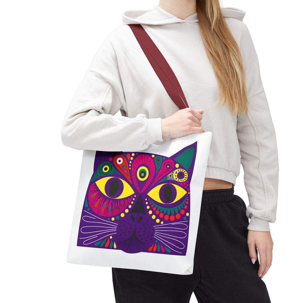 Psychedelic Purple Cat Tote Bag | Colorful Boho Animal Face