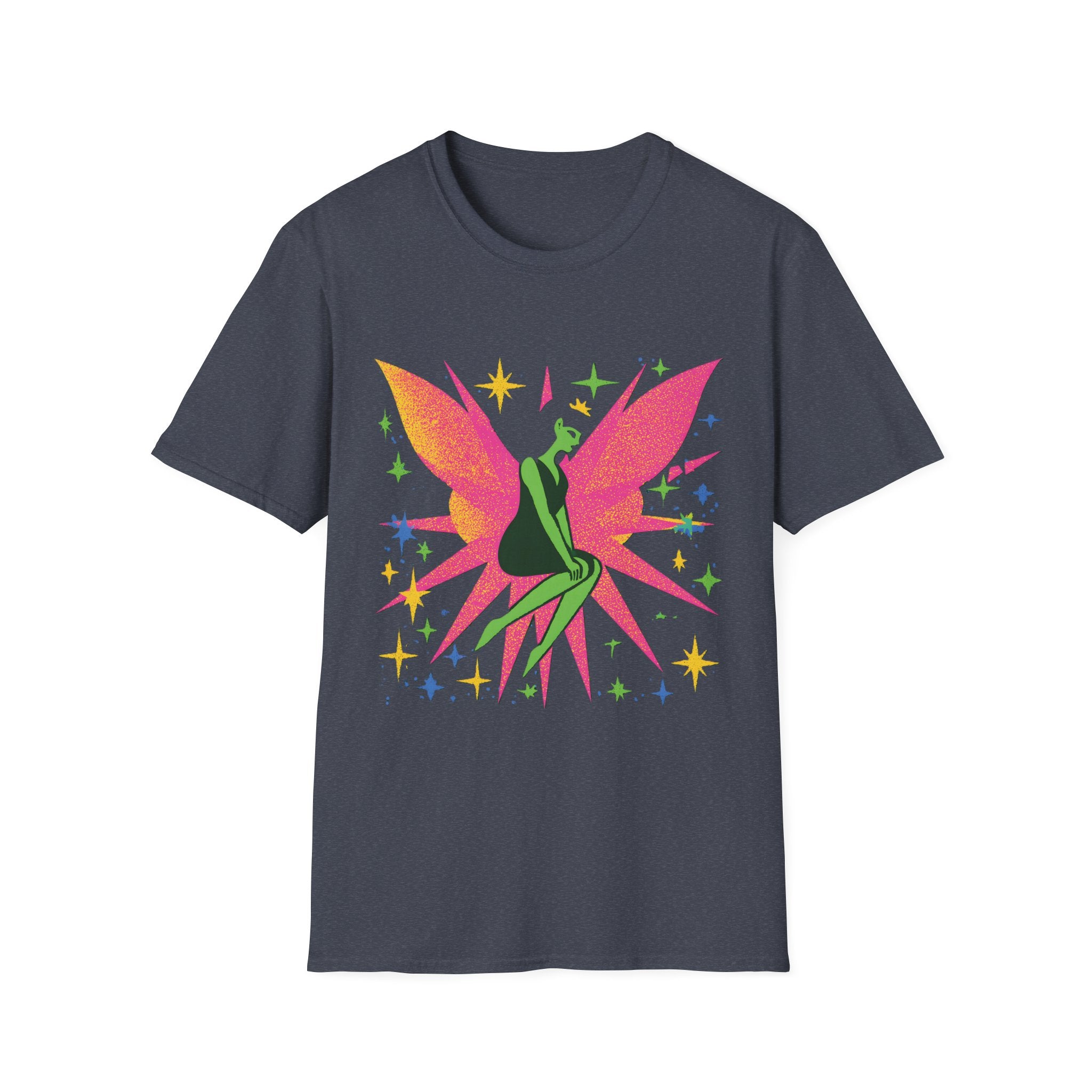 Neon Fairy Silhouette T-Shirt | Pink Wings, Green Figure, Sparkle Stars