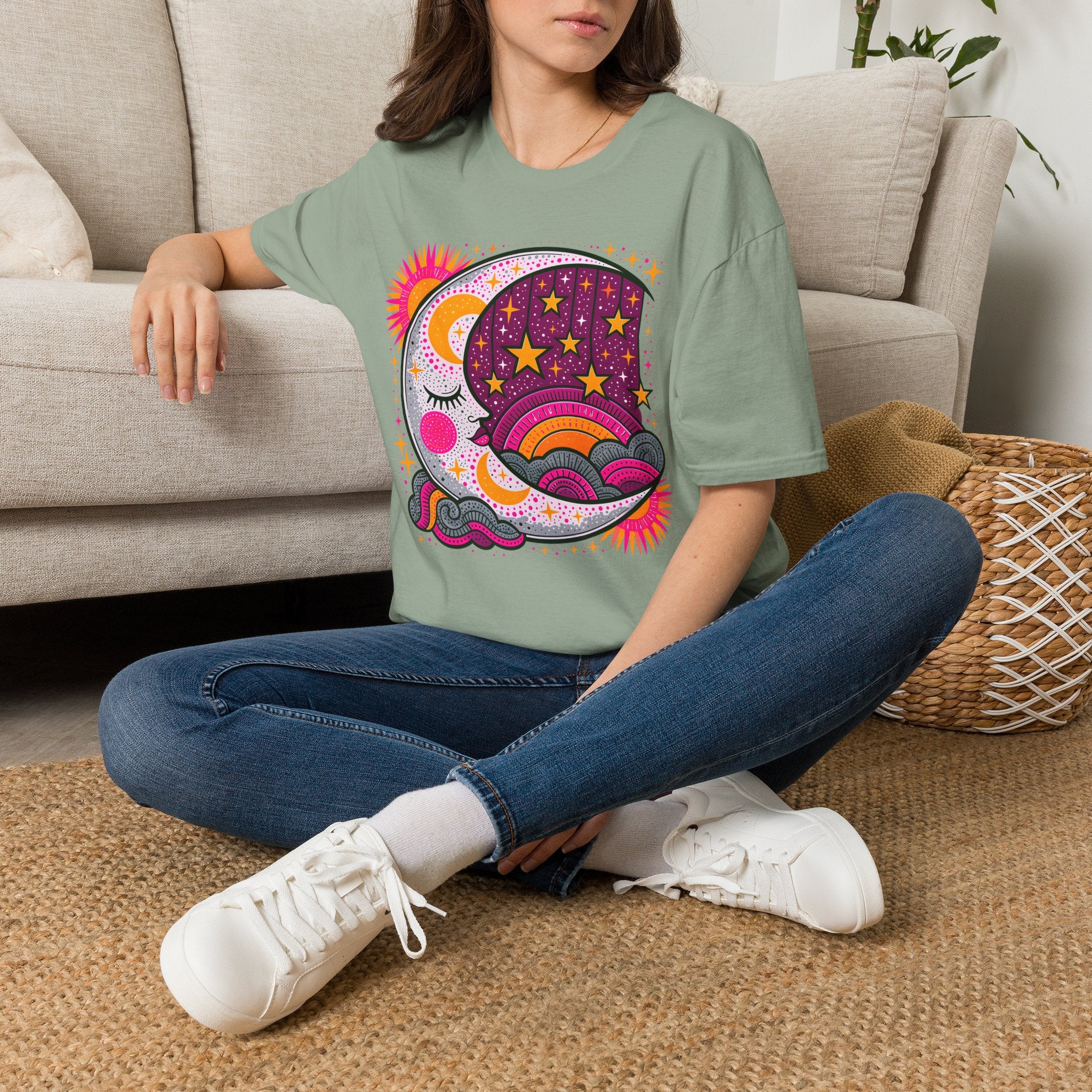 Celestial Sun Moon Rainbow T-Shirt | Retro Stars Boho Tee