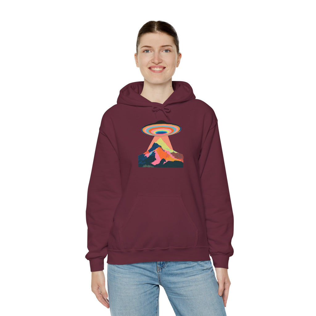 UFO Mountain Hoodie — Retro Rainbow Alien Abduction Graphic