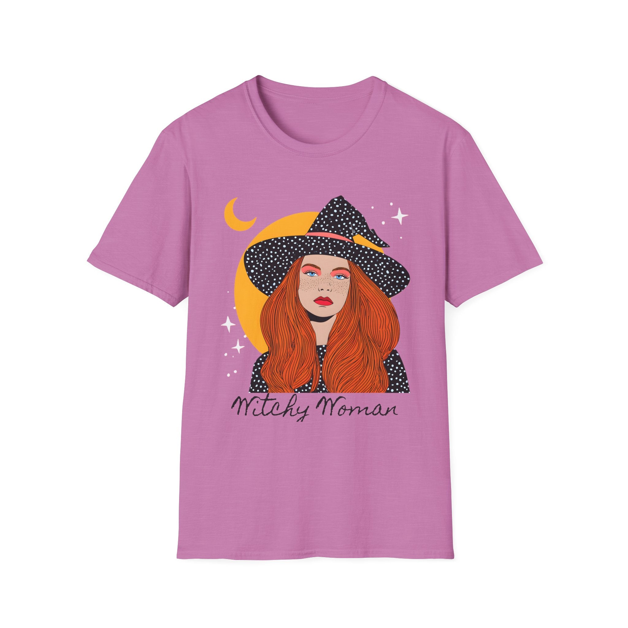 Redheaded Witch Illustration T-Shirt | Crescent Moon, Starry Hat, 'Witchy Woman'