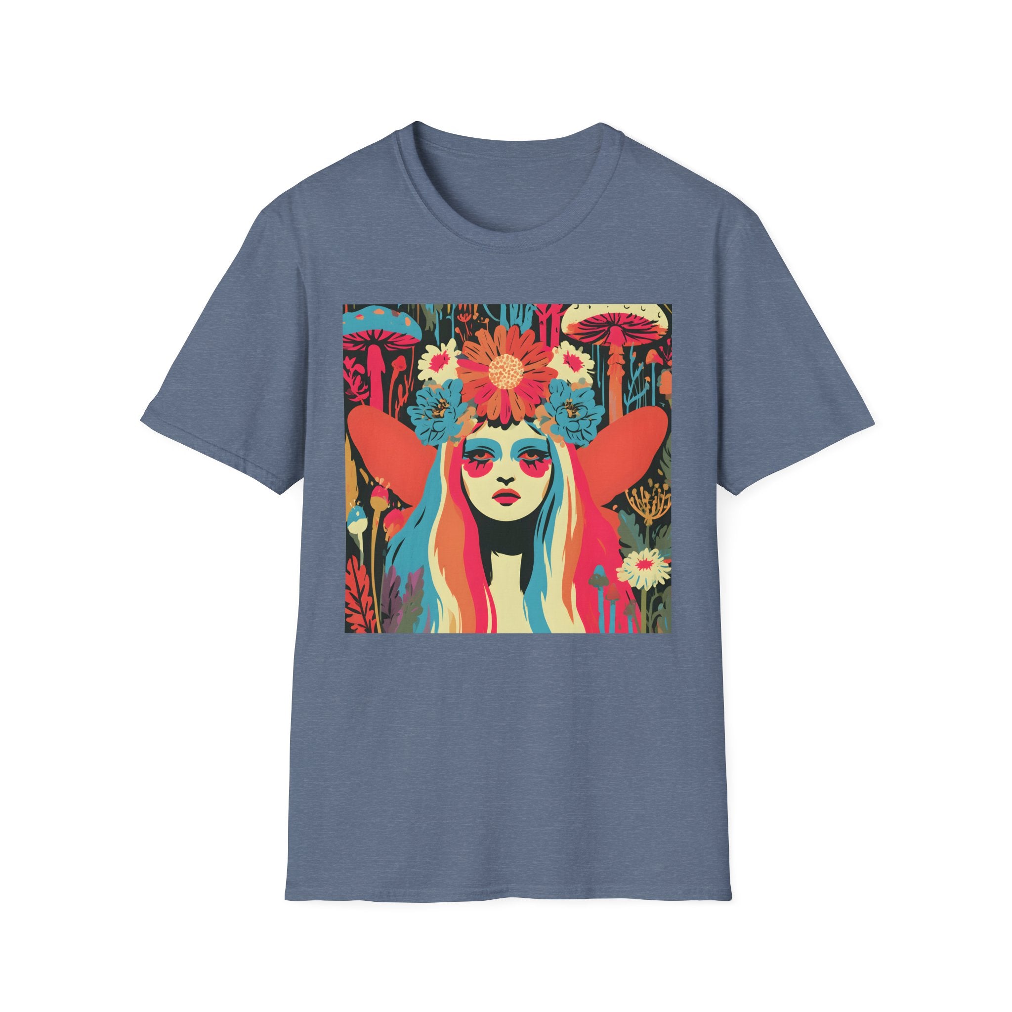 Flower Crown Psychedelic Fairy Girl T-Shirt | Retro Mushroom Art, Boho Portrait