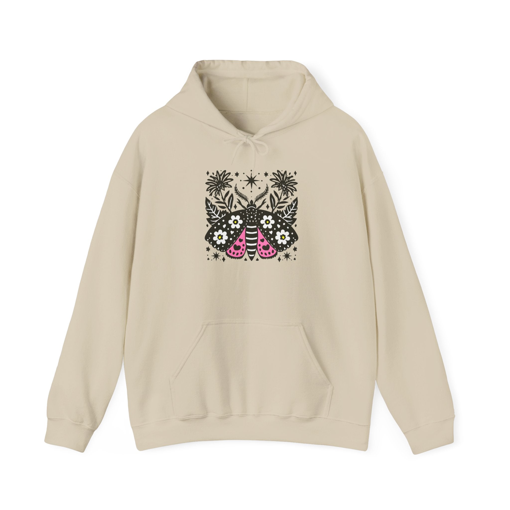 Retro Floral Moth Hoodie — Boho Night Garden Sweatshirt