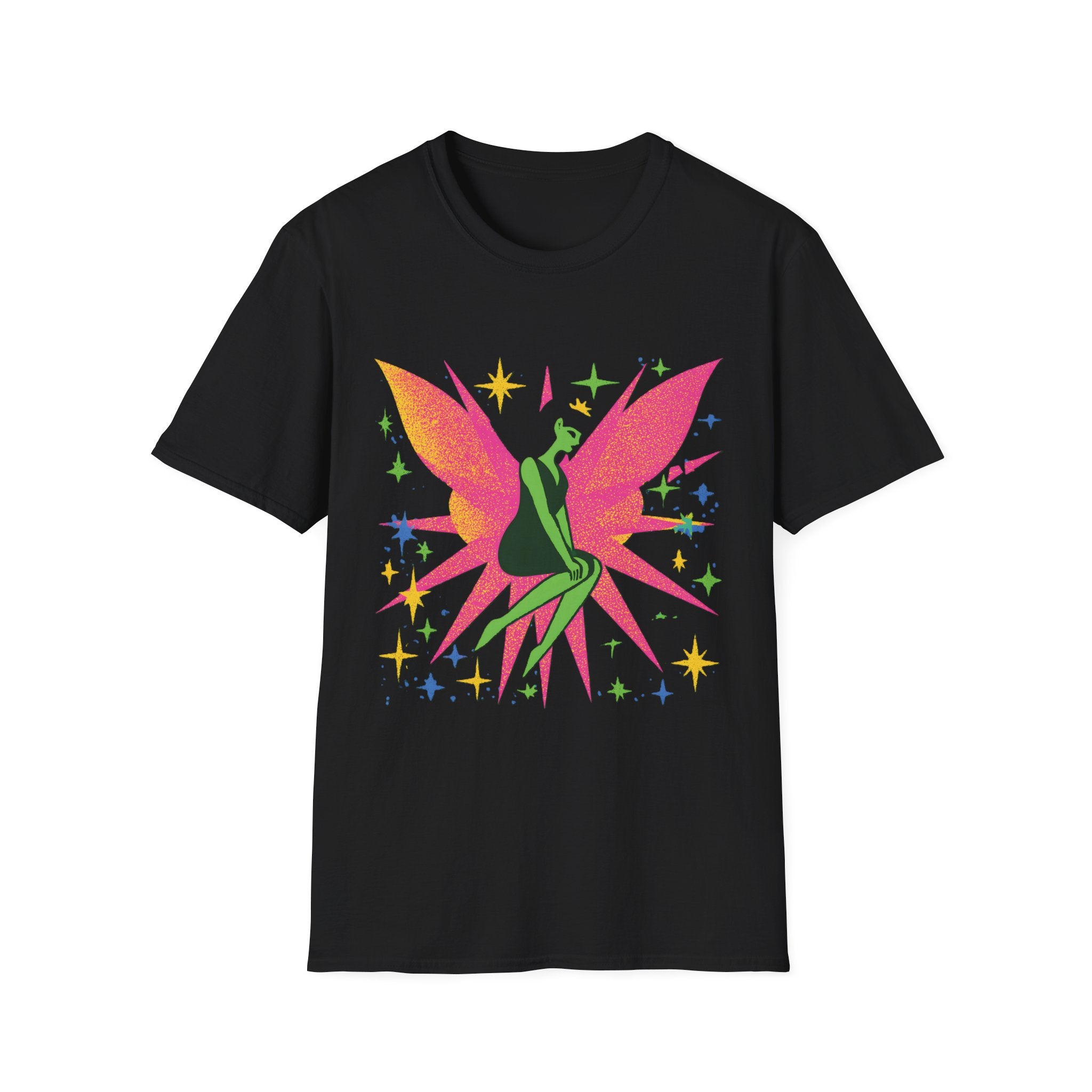 Neon Fairy Silhouette T-Shirt | Pink Wings, Green Figure, Sparkle Stars