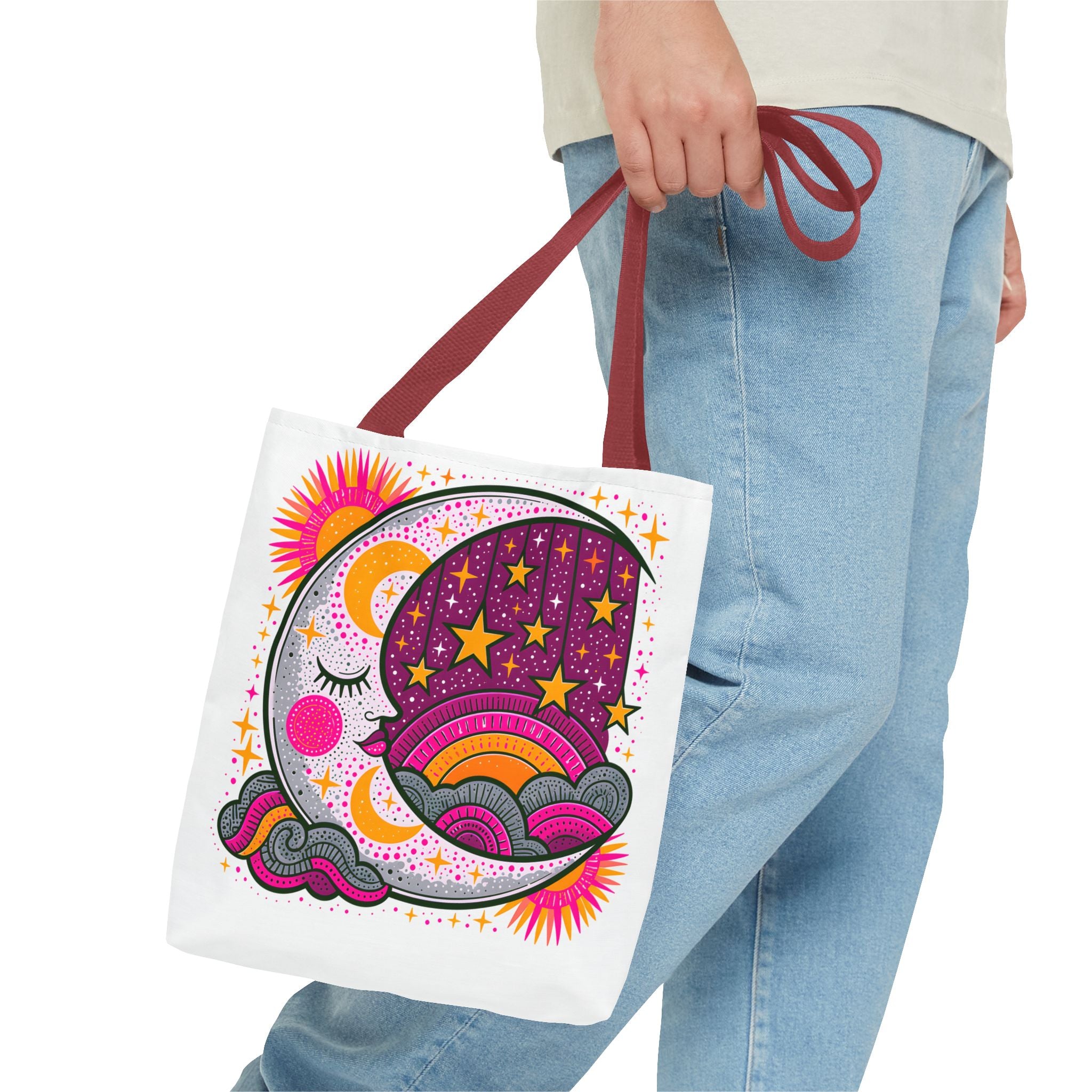 Psychedelic Moon and Stars Tote Bag | Colorful Retro Celestial Design