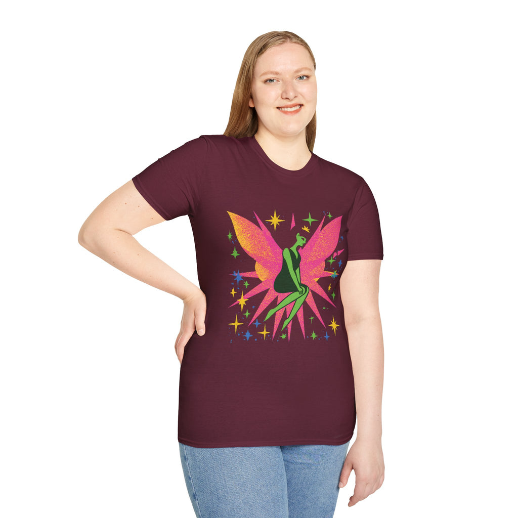 Neon Fairy Silhouette T-Shirt | Pink Wings, Green Figure, Sparkle Stars