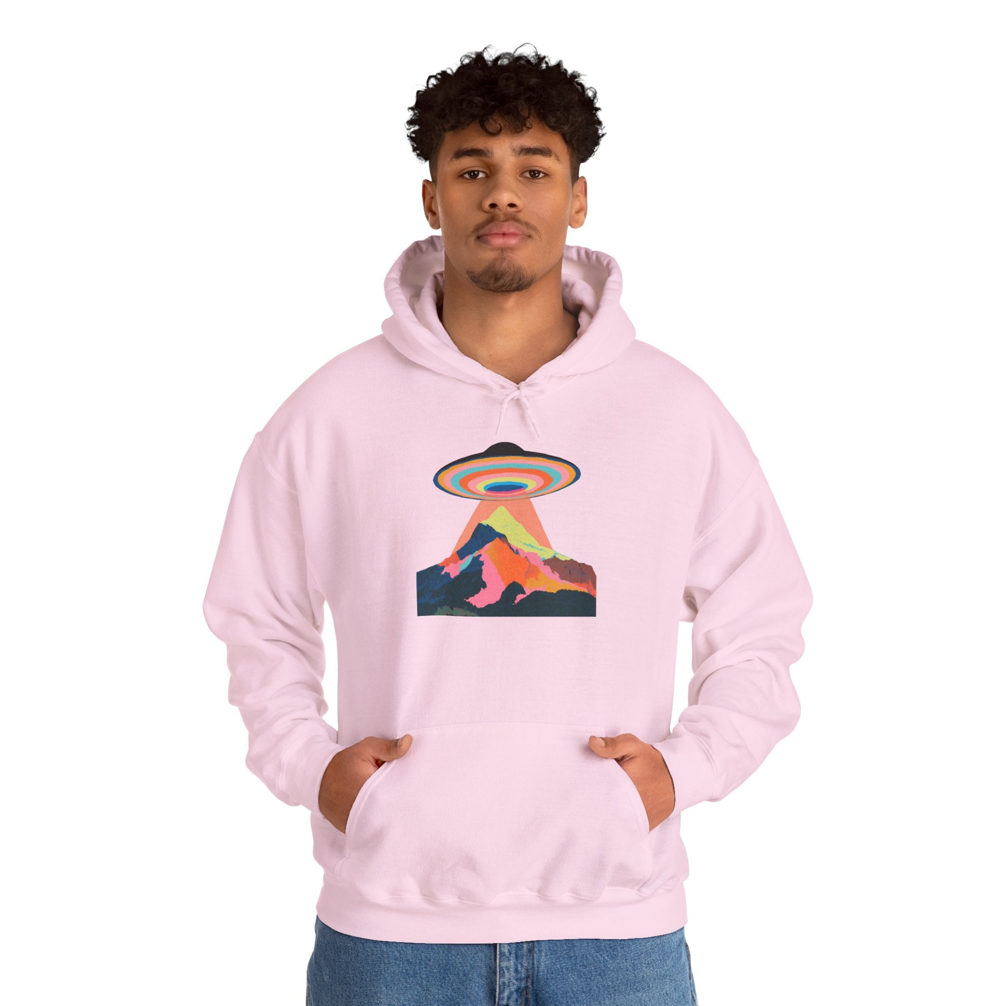 UFO Mountain Hoodie — Retro Rainbow Alien Abduction Graphic