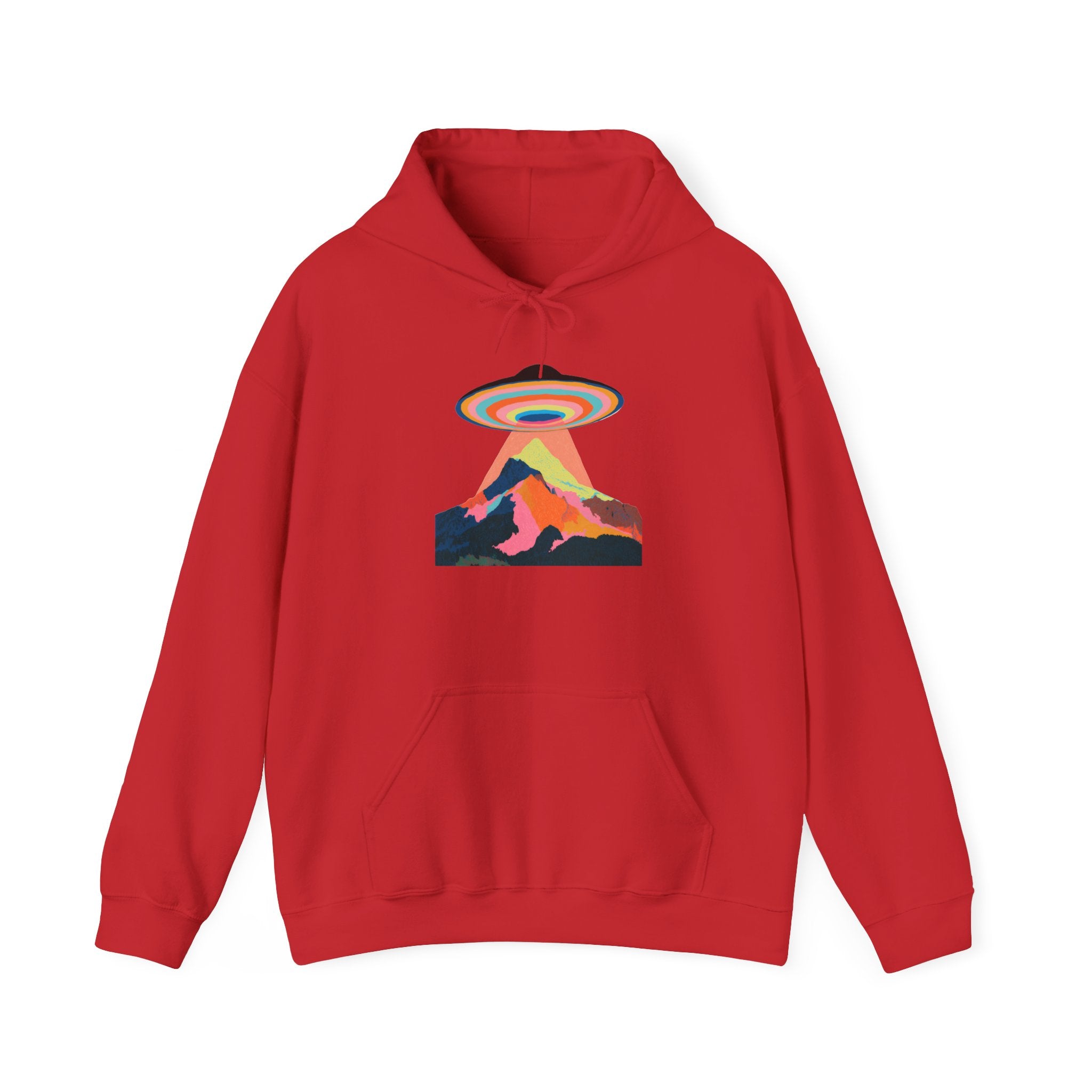 UFO Mountain Hoodie — Retro Rainbow Alien Abduction Graphic
