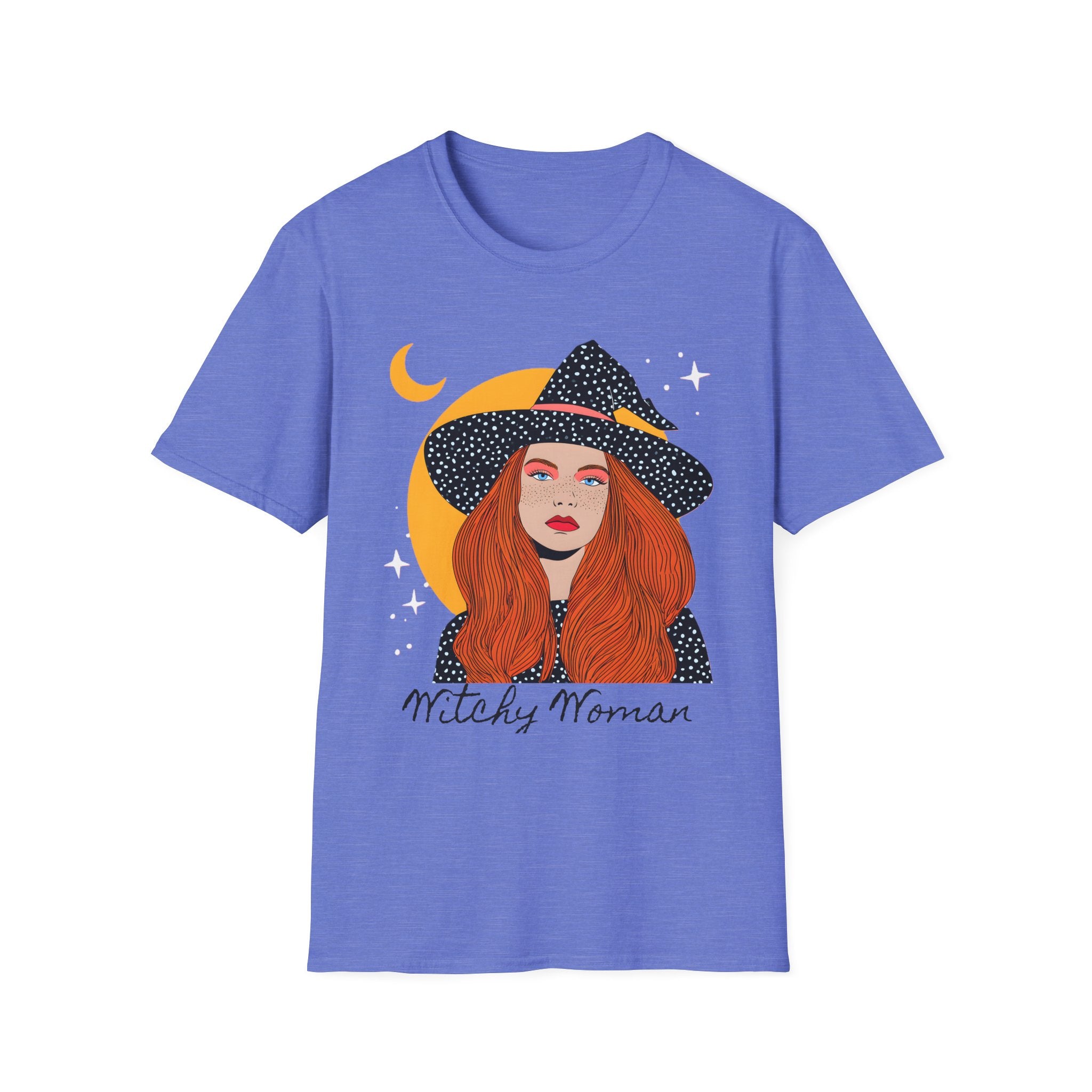 Redheaded Witch Illustration T-Shirt | Crescent Moon, Starry Hat, 'Witchy Woman'