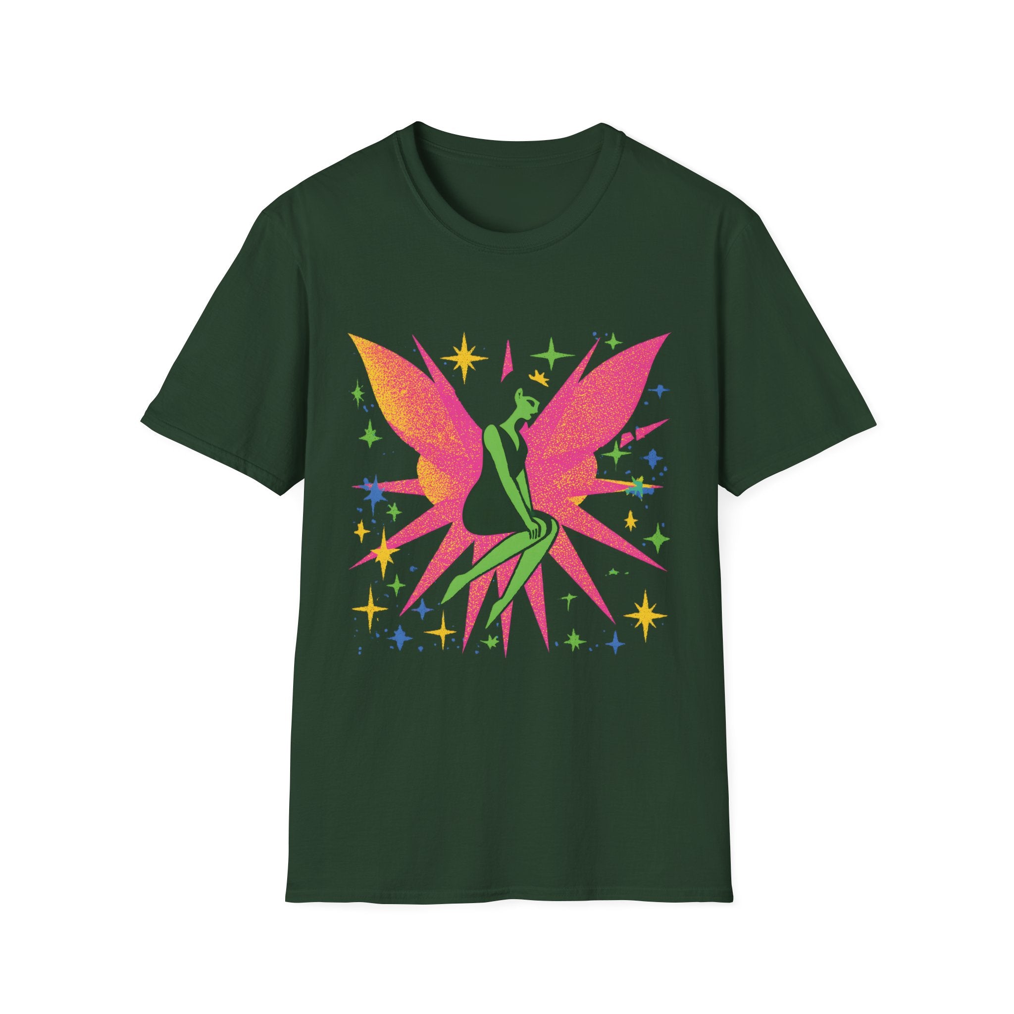 Neon Fairy Silhouette T-Shirt | Pink Wings, Green Figure, Sparkle Stars