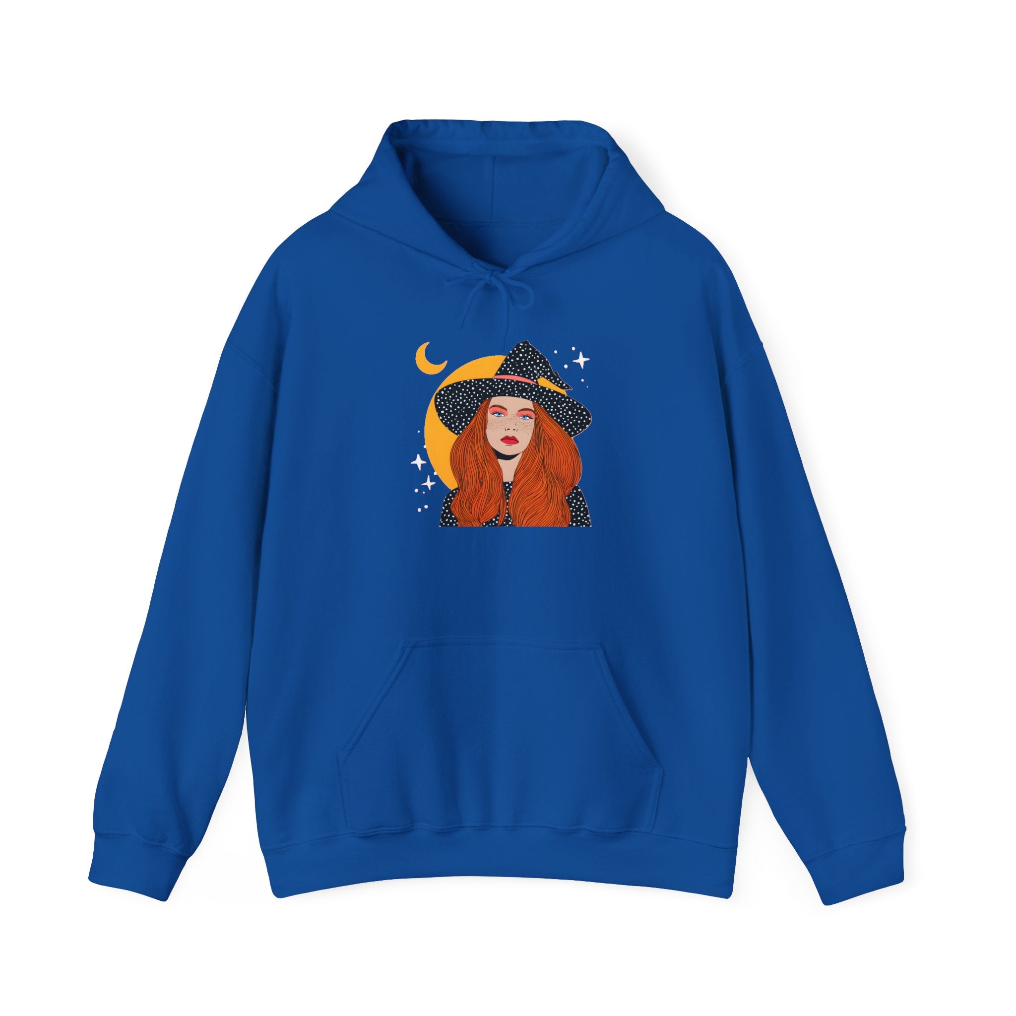 Witchy Redhead Hoodie — Crescent Moon Witch Graphic Sweatshirt