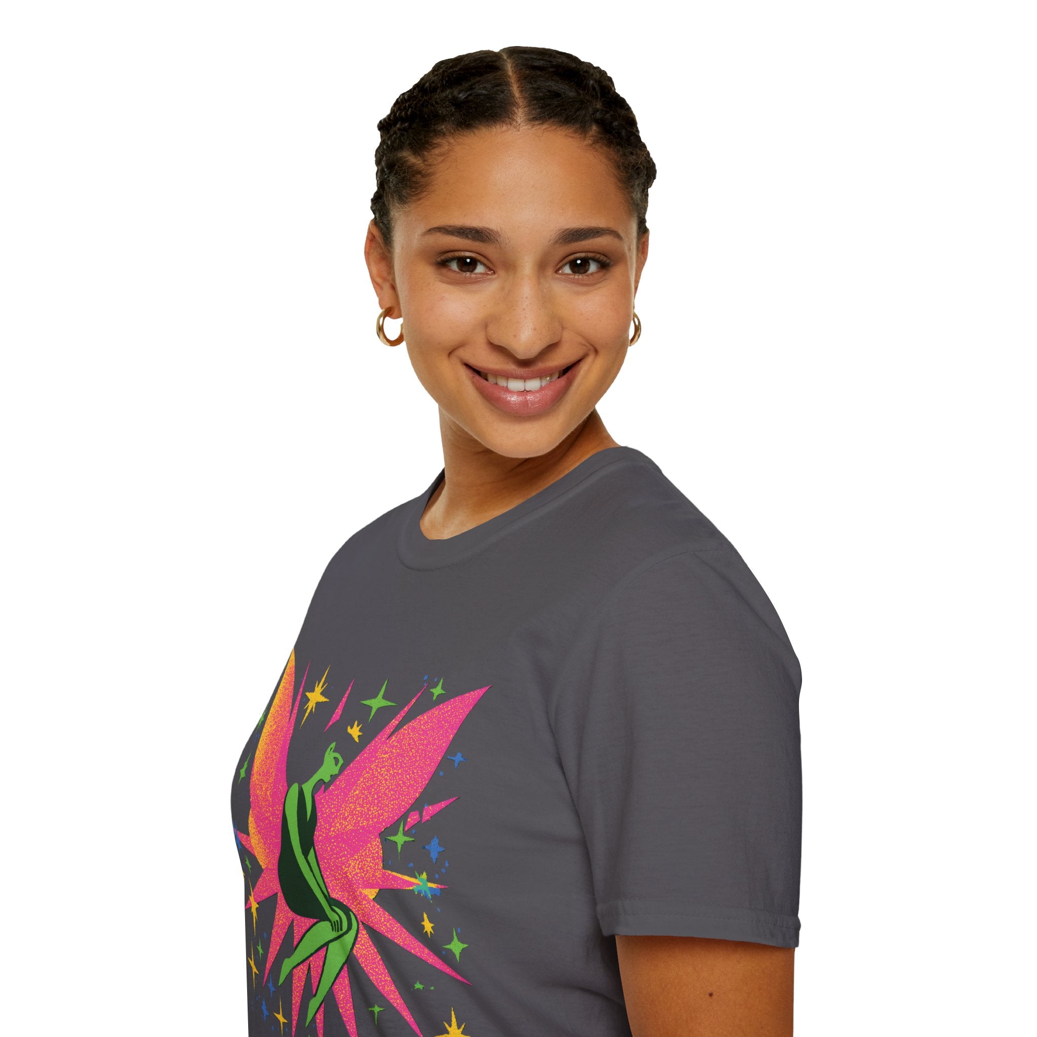 Neon Fairy Silhouette T-Shirt | Pink Wings, Green Figure, Sparkle Stars
