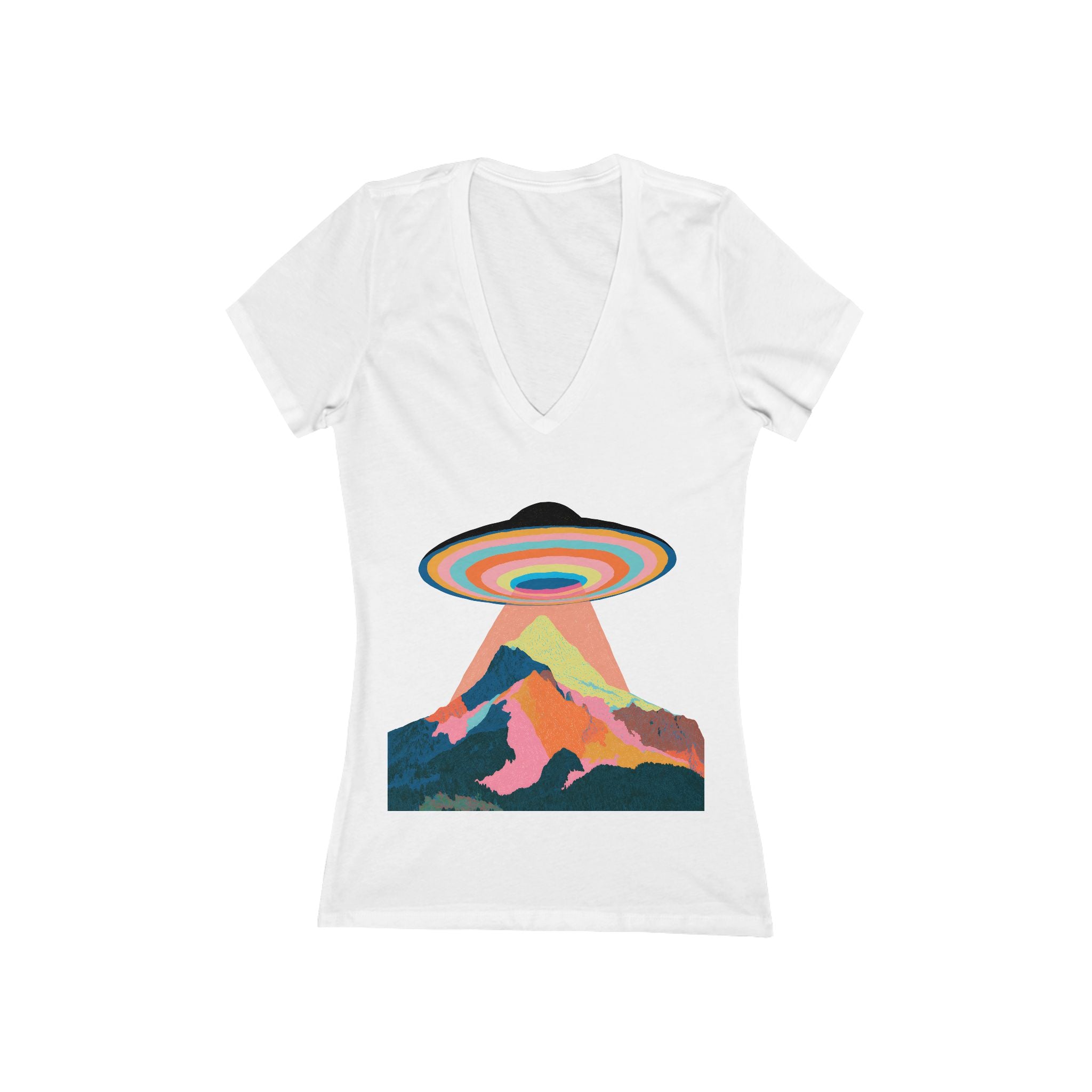 Retro Rainbow UFO Abduction Mountain Tee | Deep V-Neck