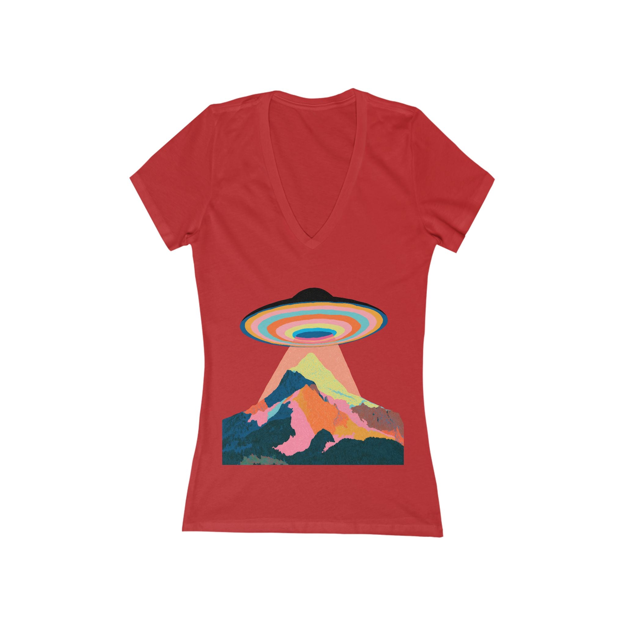 Retro Rainbow UFO Abduction Mountain Tee | Deep V-Neck