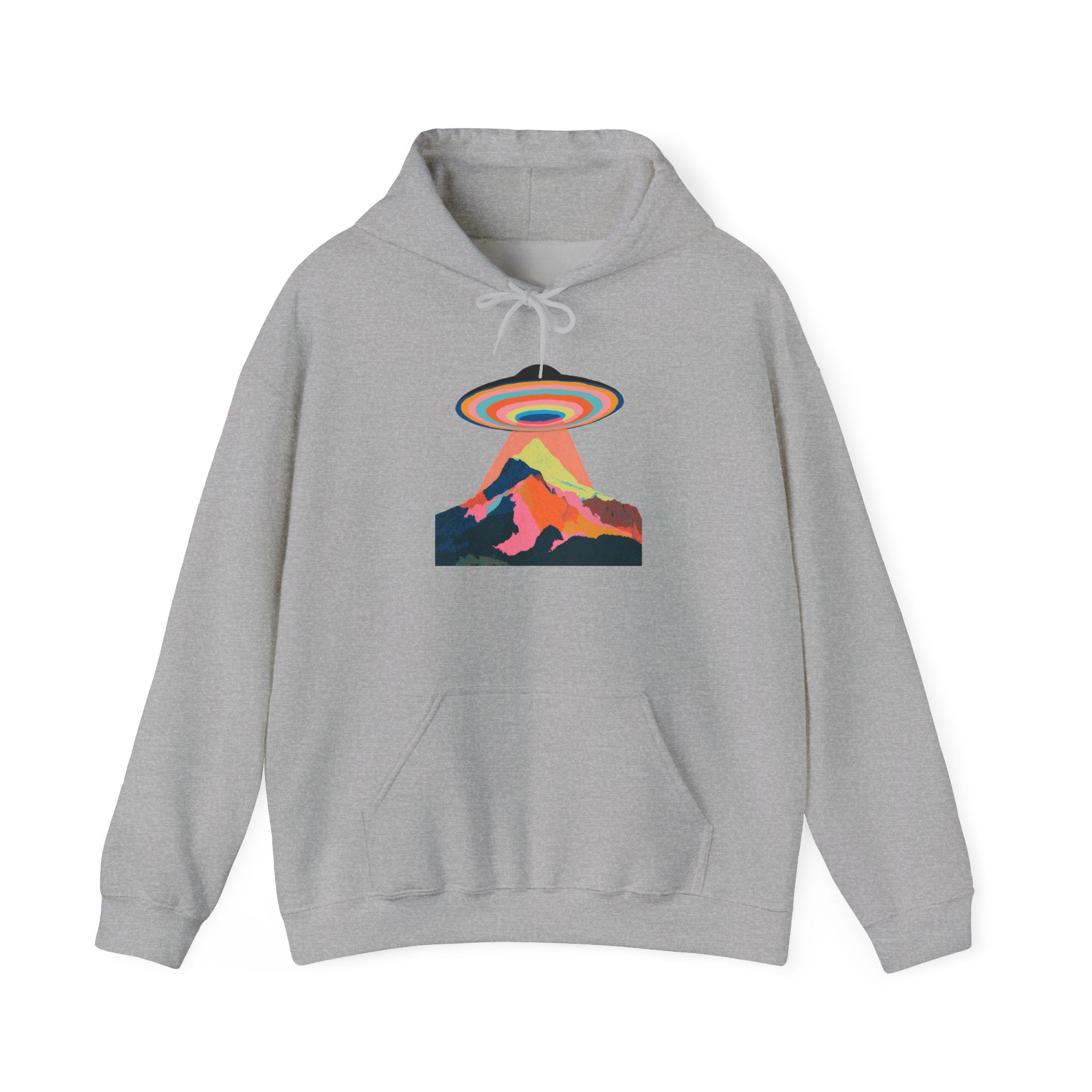 UFO Mountain Hoodie — Retro Rainbow Alien Abduction Graphic