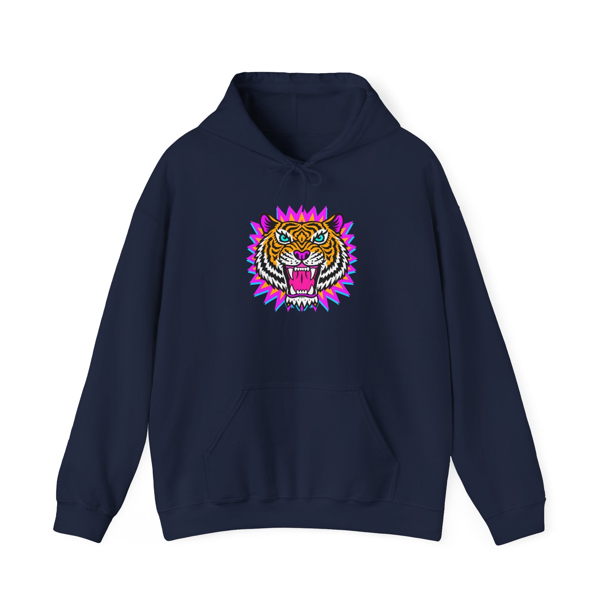 Neon Roaring Tiger Hoodie — Retro Vibrant Tiger Head Graphic
