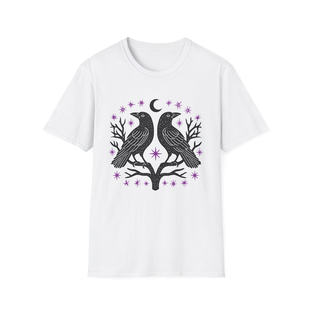 Twin Ravens Moon T-Shirt | Gothic Crescent Crow Illustration