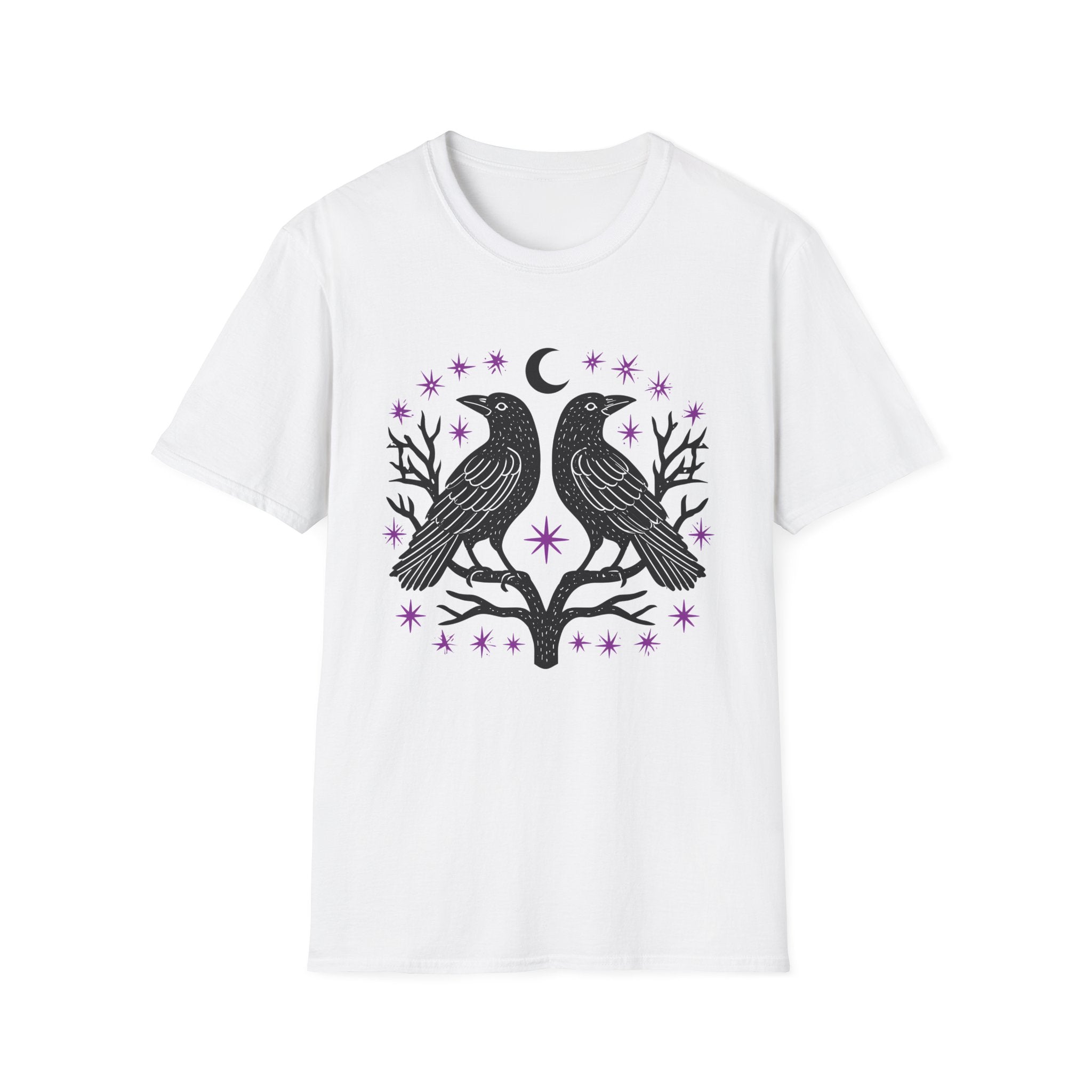 Twin Ravens Moon T-Shirt | Gothic Crescent Crow Illustration