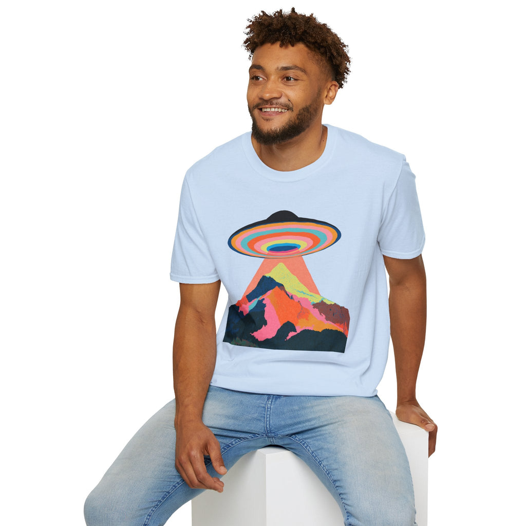 Psychedelic UFO Mountain T-Shirt — Retro Rainbow Alien Abduction Tee Printify