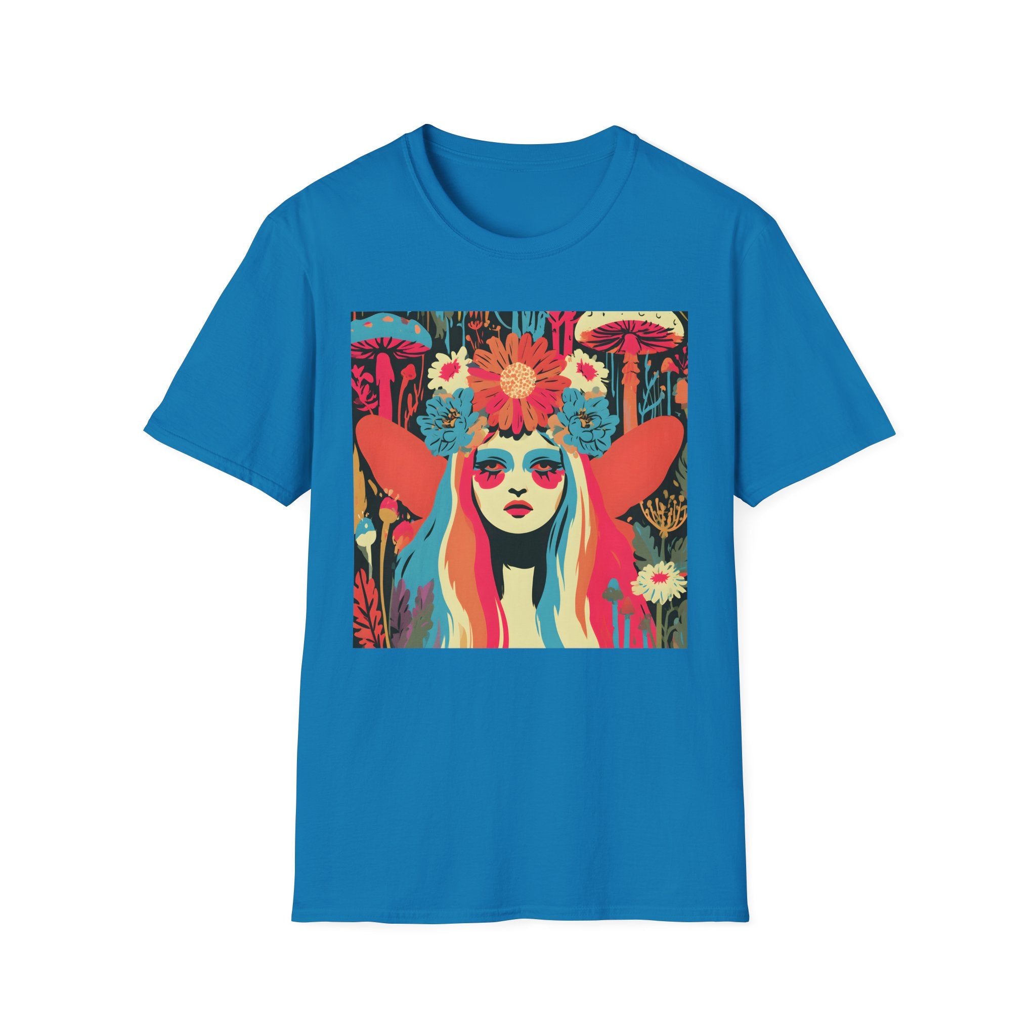 Flower Crown Psychedelic Fairy Girl T-Shirt | Retro Mushroom Art, Boho Portrait