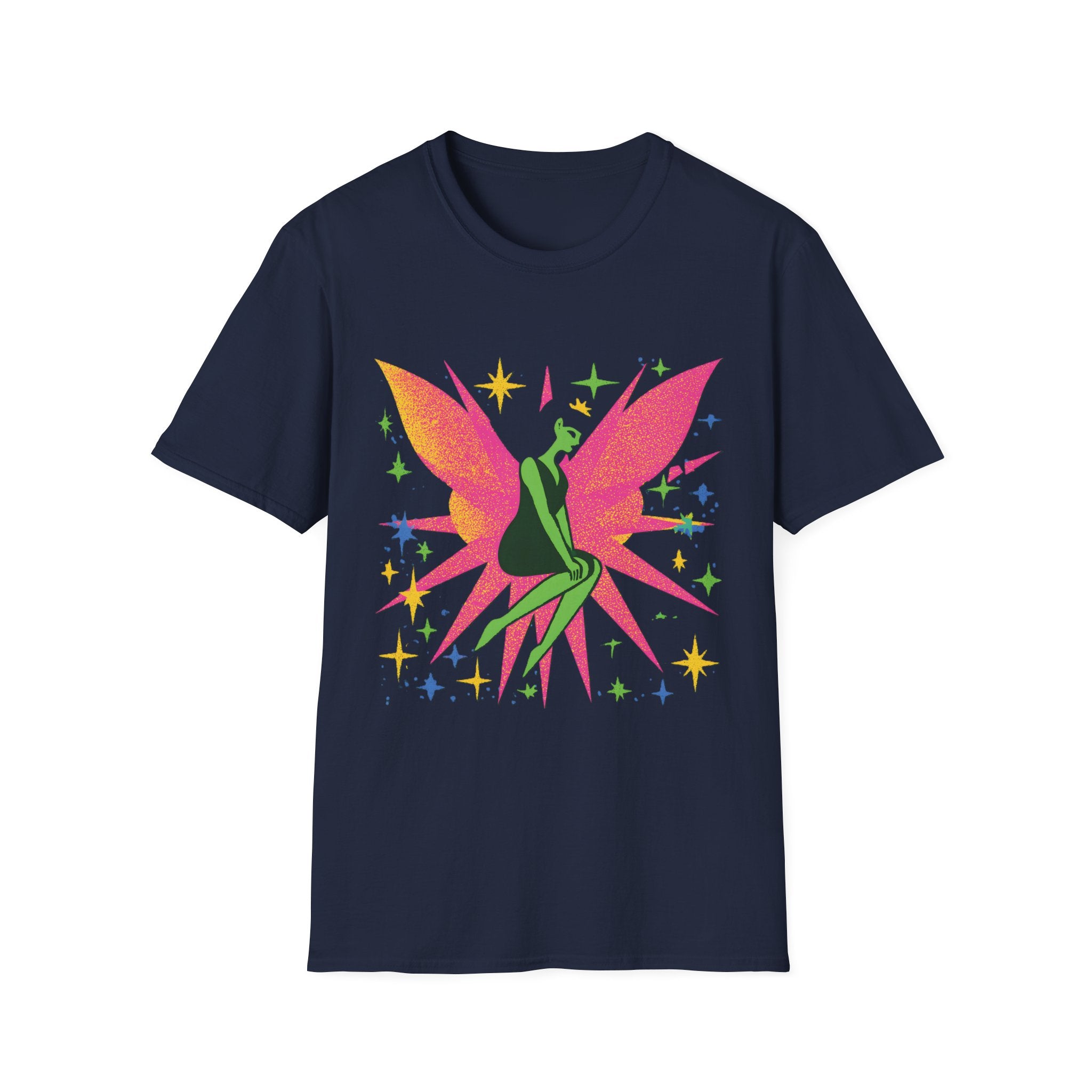 Neon Fairy Silhouette T-Shirt | Pink Wings, Green Figure, Sparkle Stars