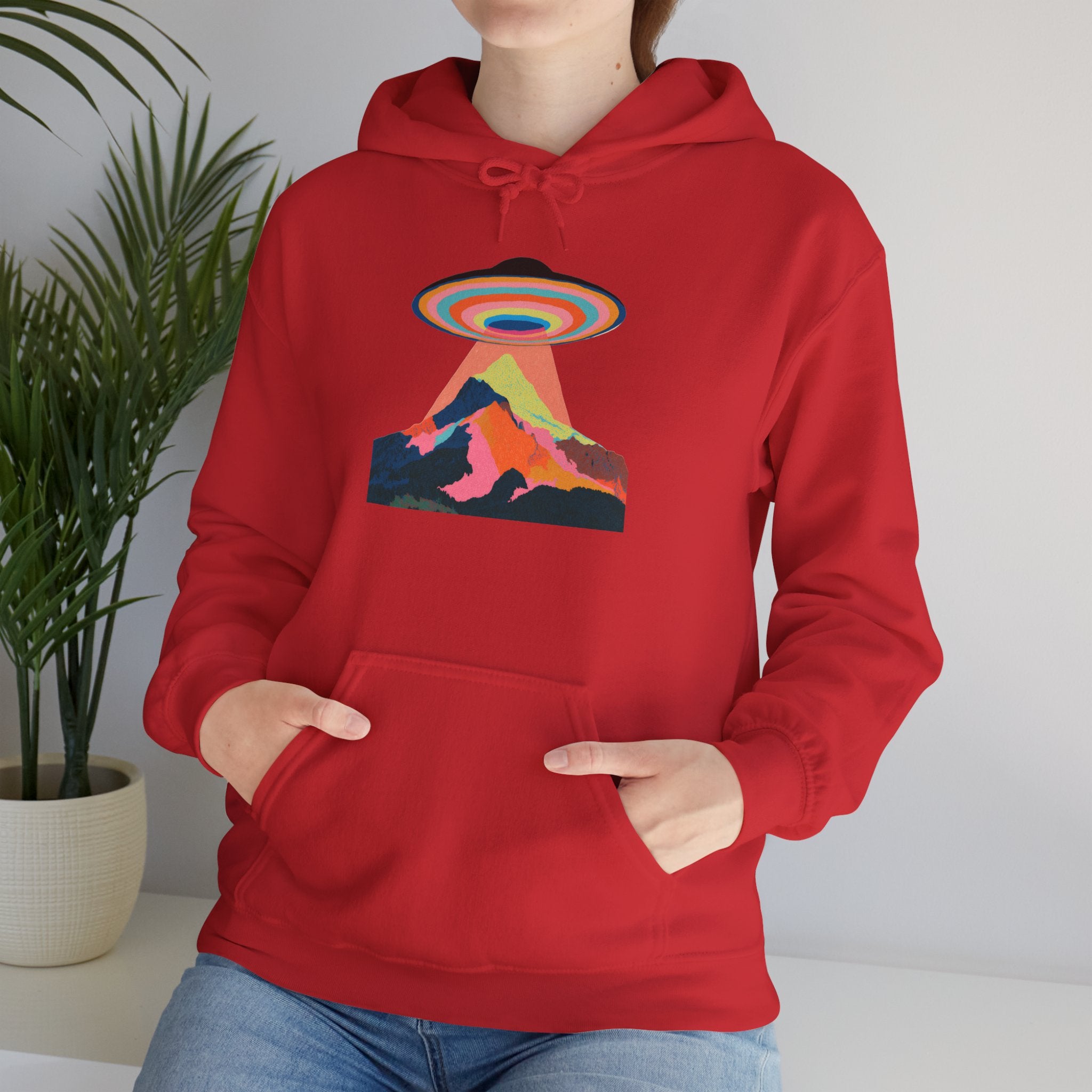 UFO Mountain Hoodie — Retro Rainbow Alien Abduction Graphic