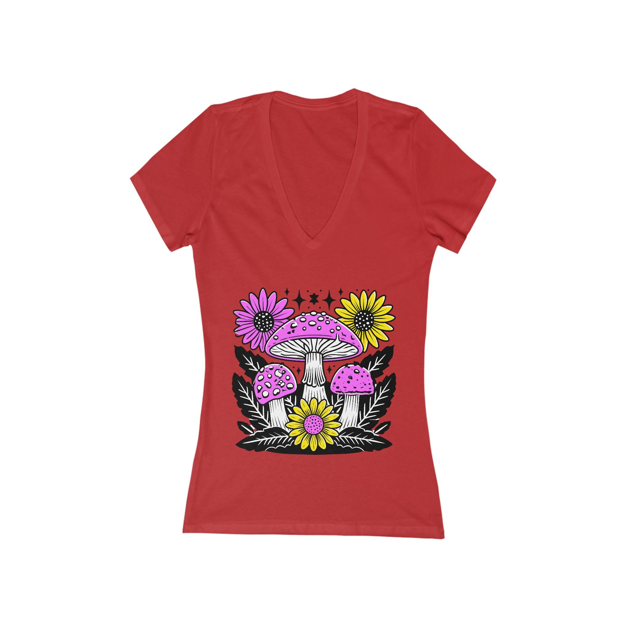 Pink and Yellow Mushroom Floral Tee | V‑Neck Shirt