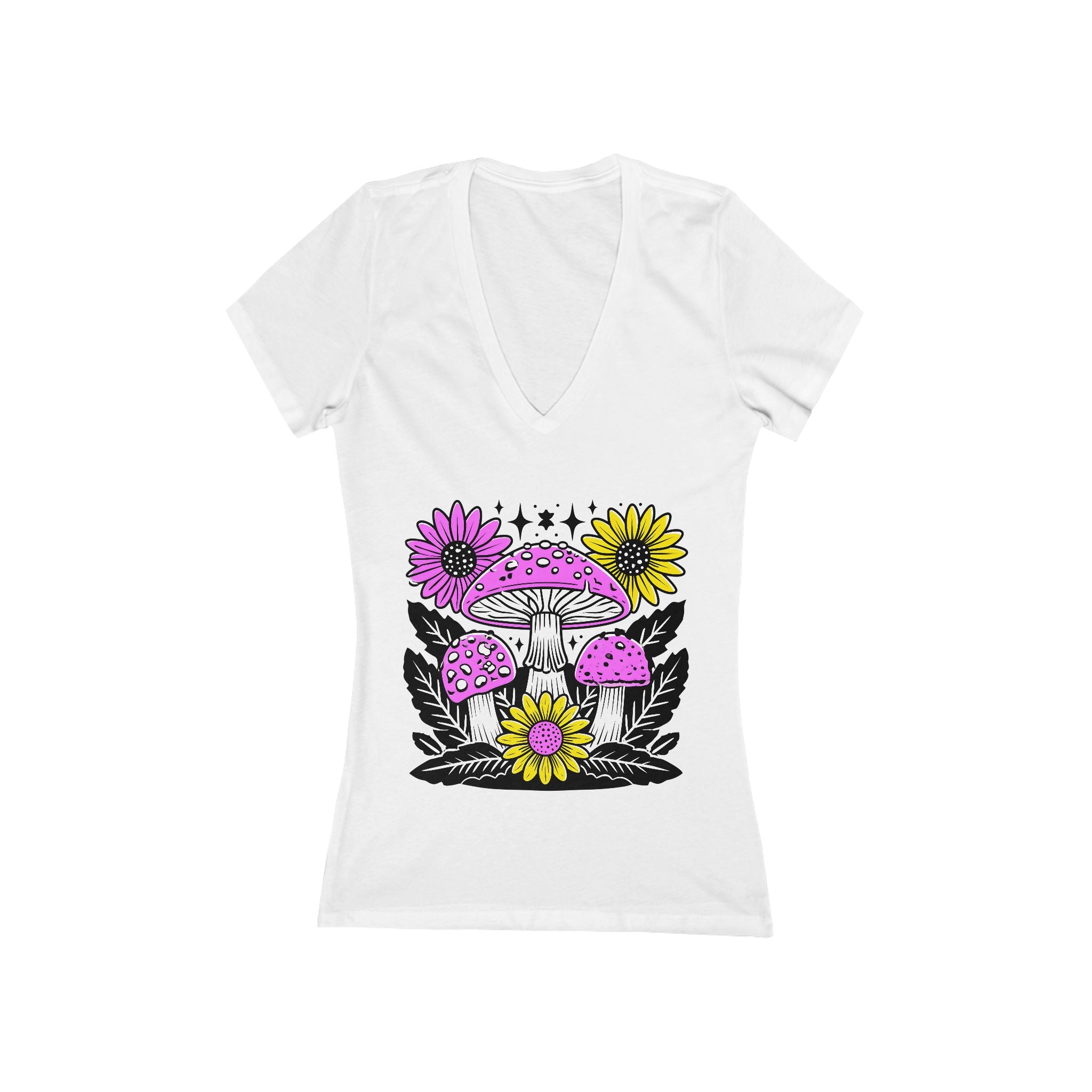 Pink and Yellow Mushroom Floral Tee | V‑Neck Shirt