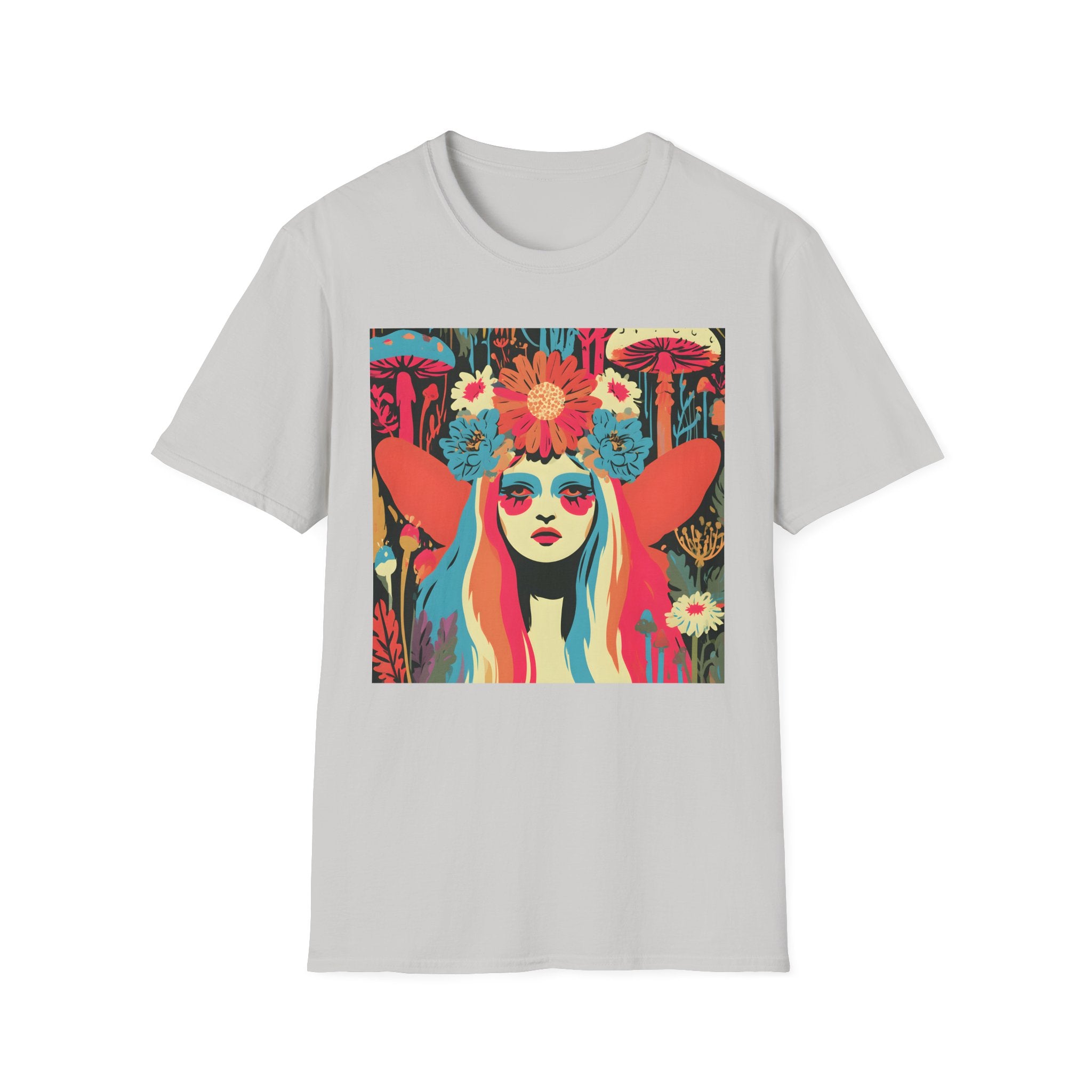 Flower Crown Psychedelic Fairy Girl T-Shirt | Retro Mushroom Art, Boho Portrait