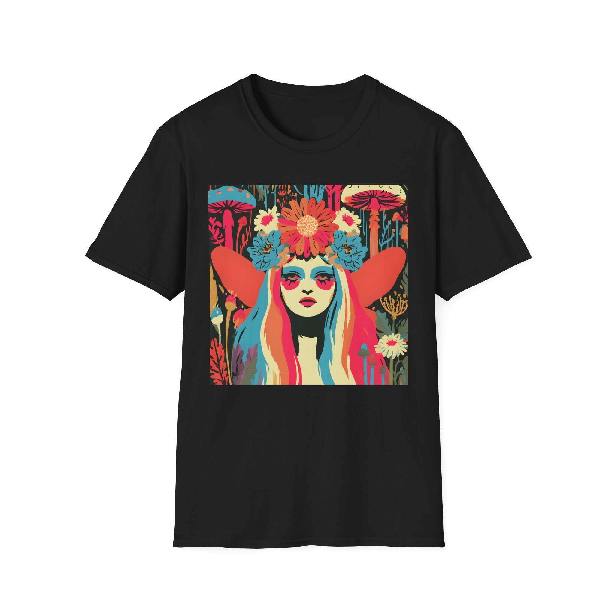 Flower Crown Psychedelic Fairy Girl T-Shirt | Retro Mushroom Art, Boho Portrait