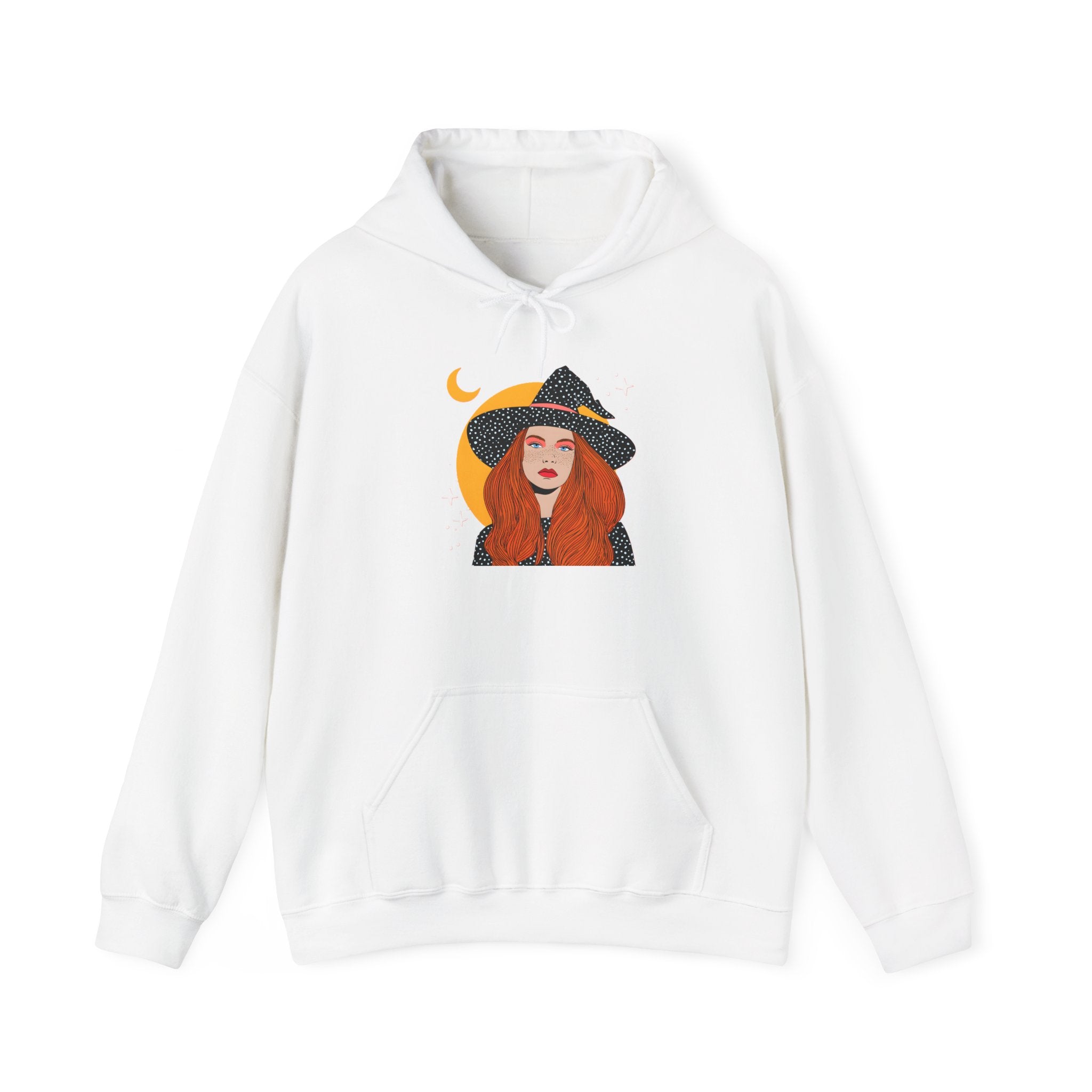 Witchy Redhead Hoodie — Crescent Moon Witch Graphic Sweatshirt