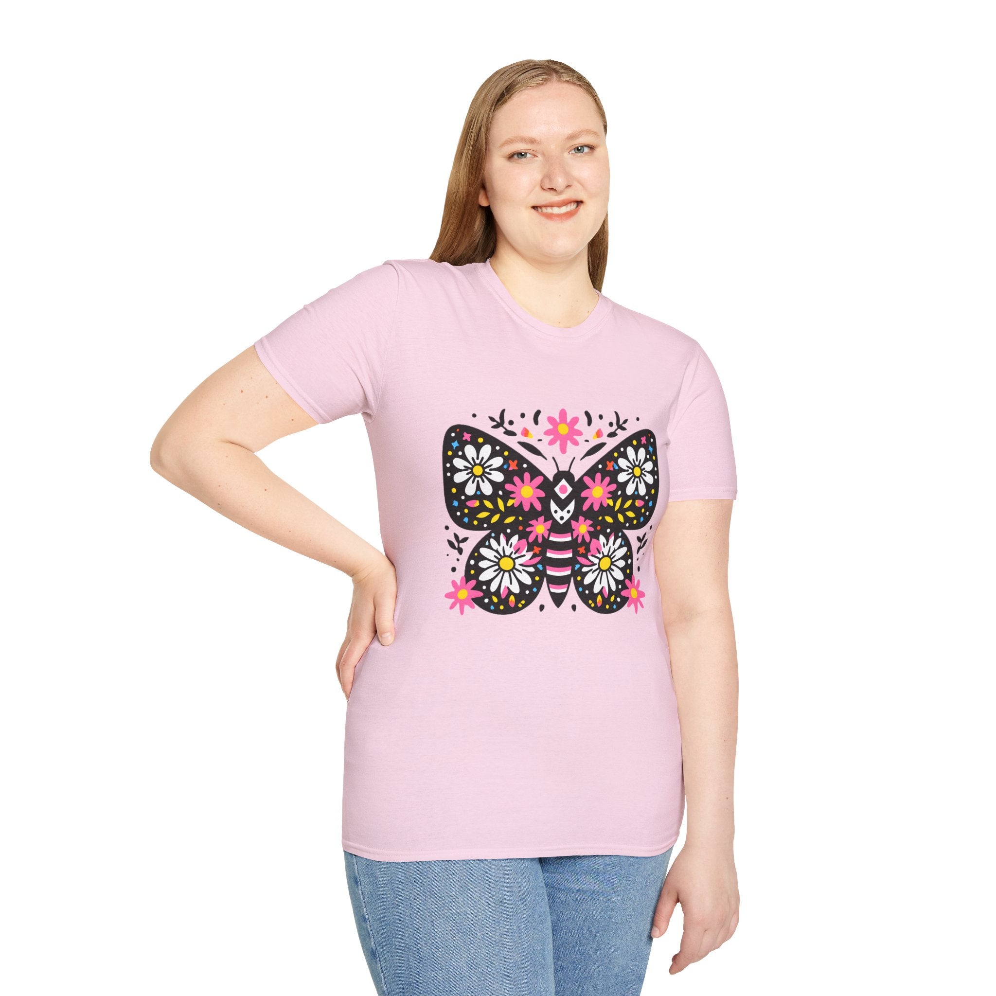 Floral Folk Art Butterfly T-Shirt | Daisy & Pink Flower Design