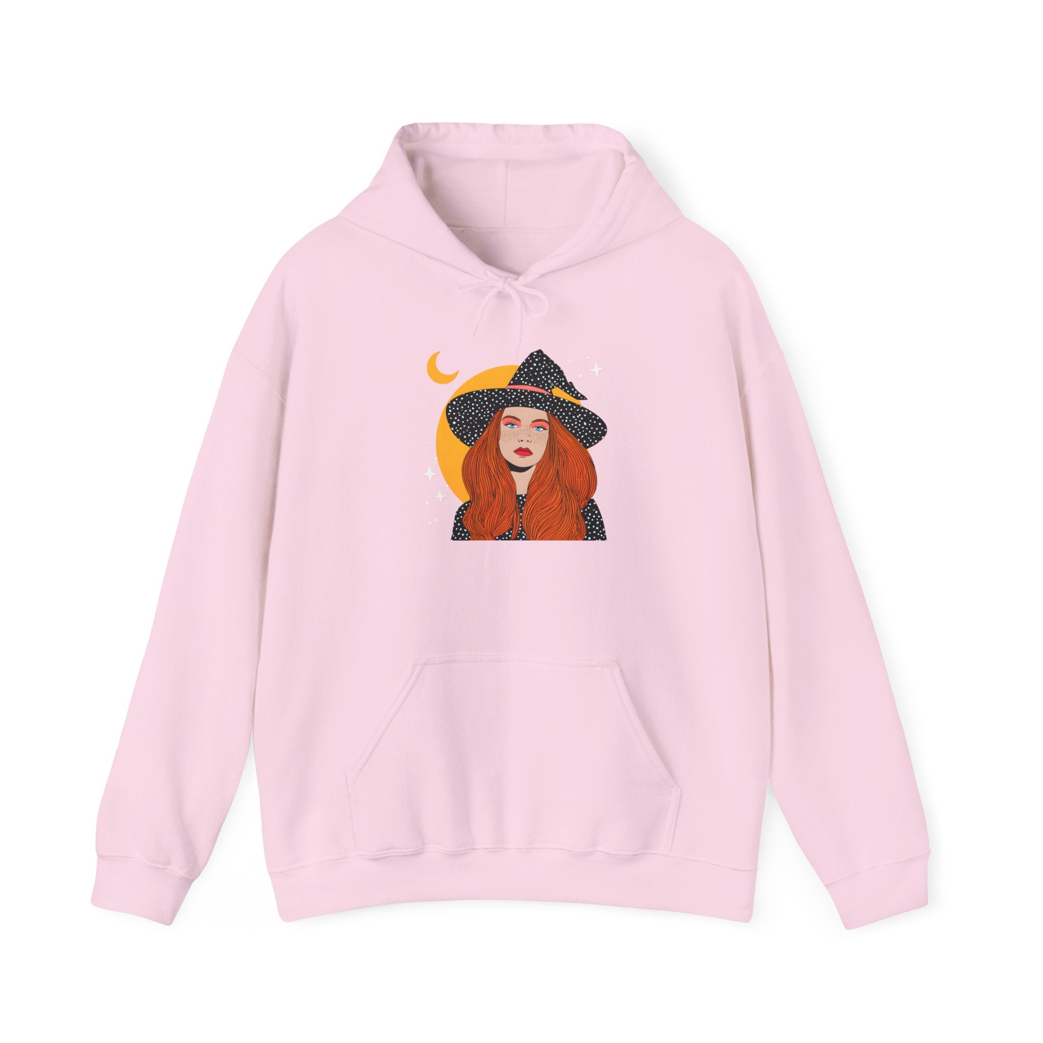 Witchy Redhead Hoodie — Crescent Moon Witch Graphic Sweatshirt