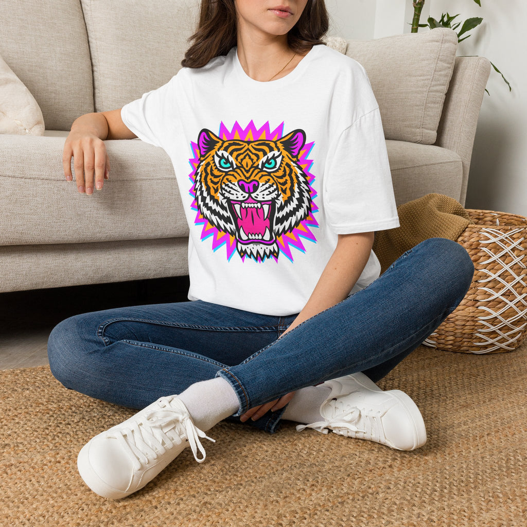 Neon Pop Tiger Head T-Shirt | Retro Tribal Cat Tee