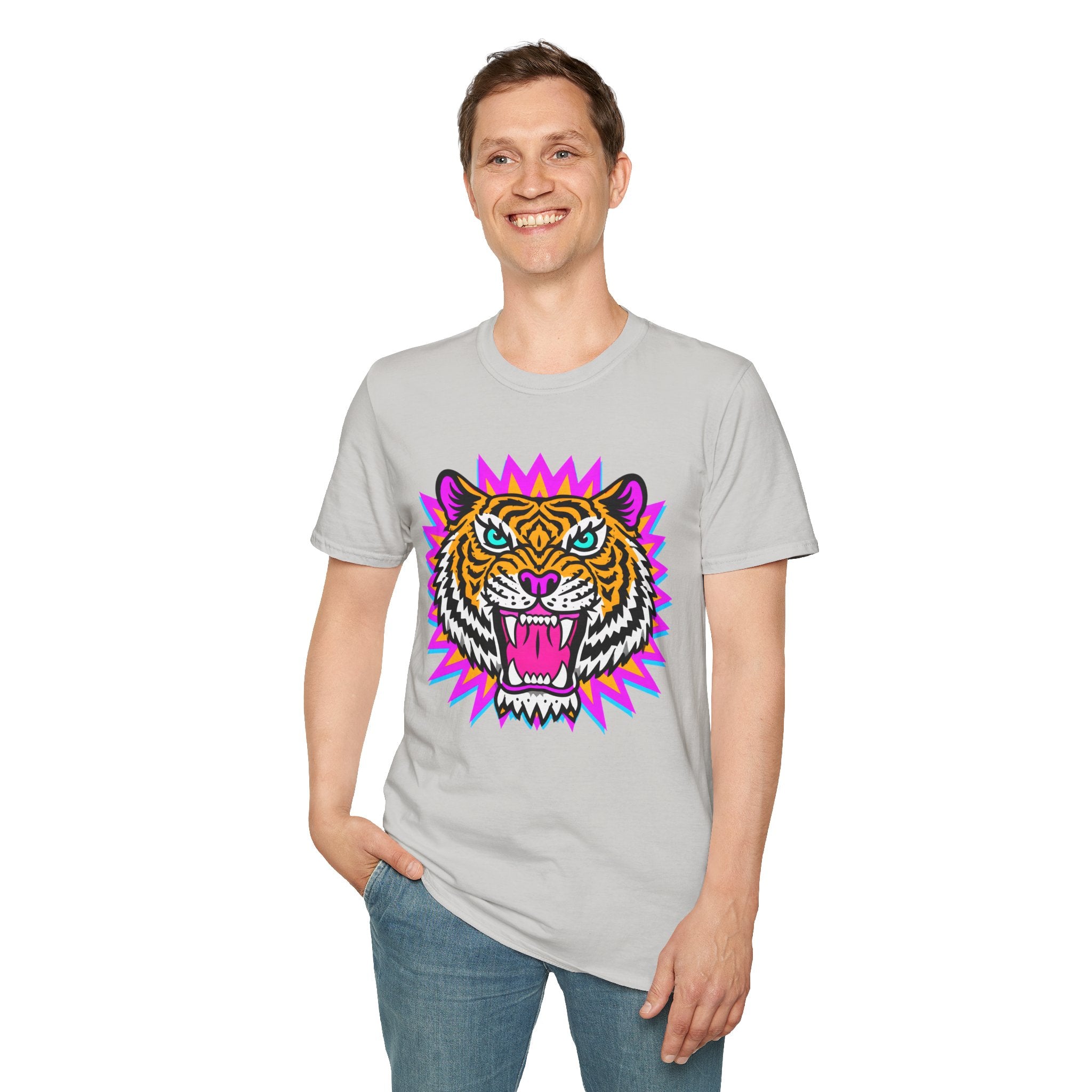 Neon Pop Tiger Head T-Shirt | Retro Tribal Cat Tee