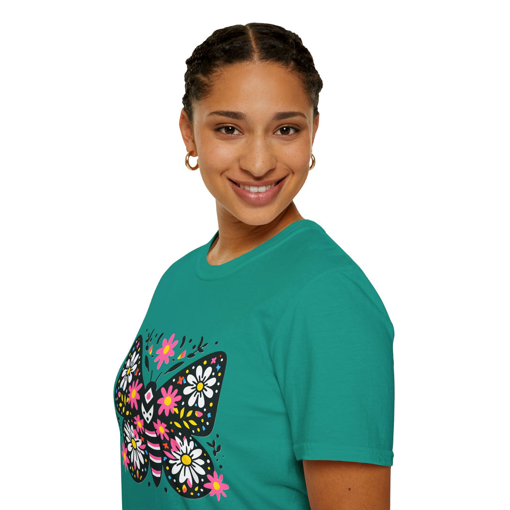 Floral Folk Art Butterfly T-Shirt | Daisy & Pink Flower Design