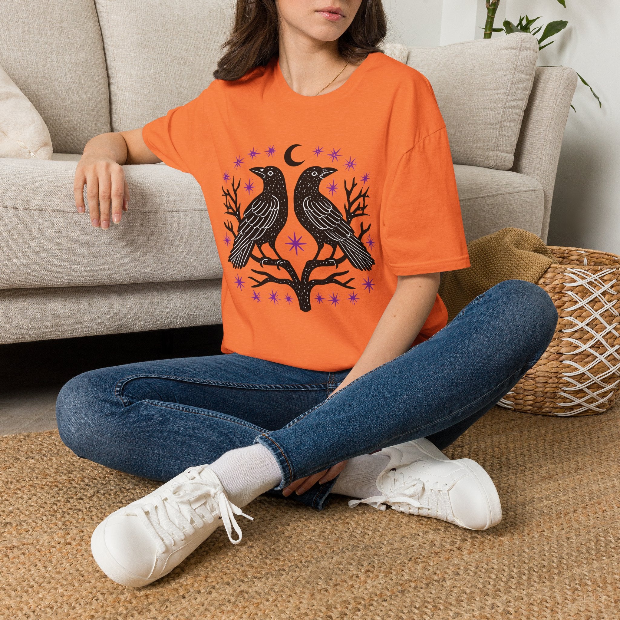 Twin Ravens Moon T-Shirt | Gothic Crescent Crow Illustration